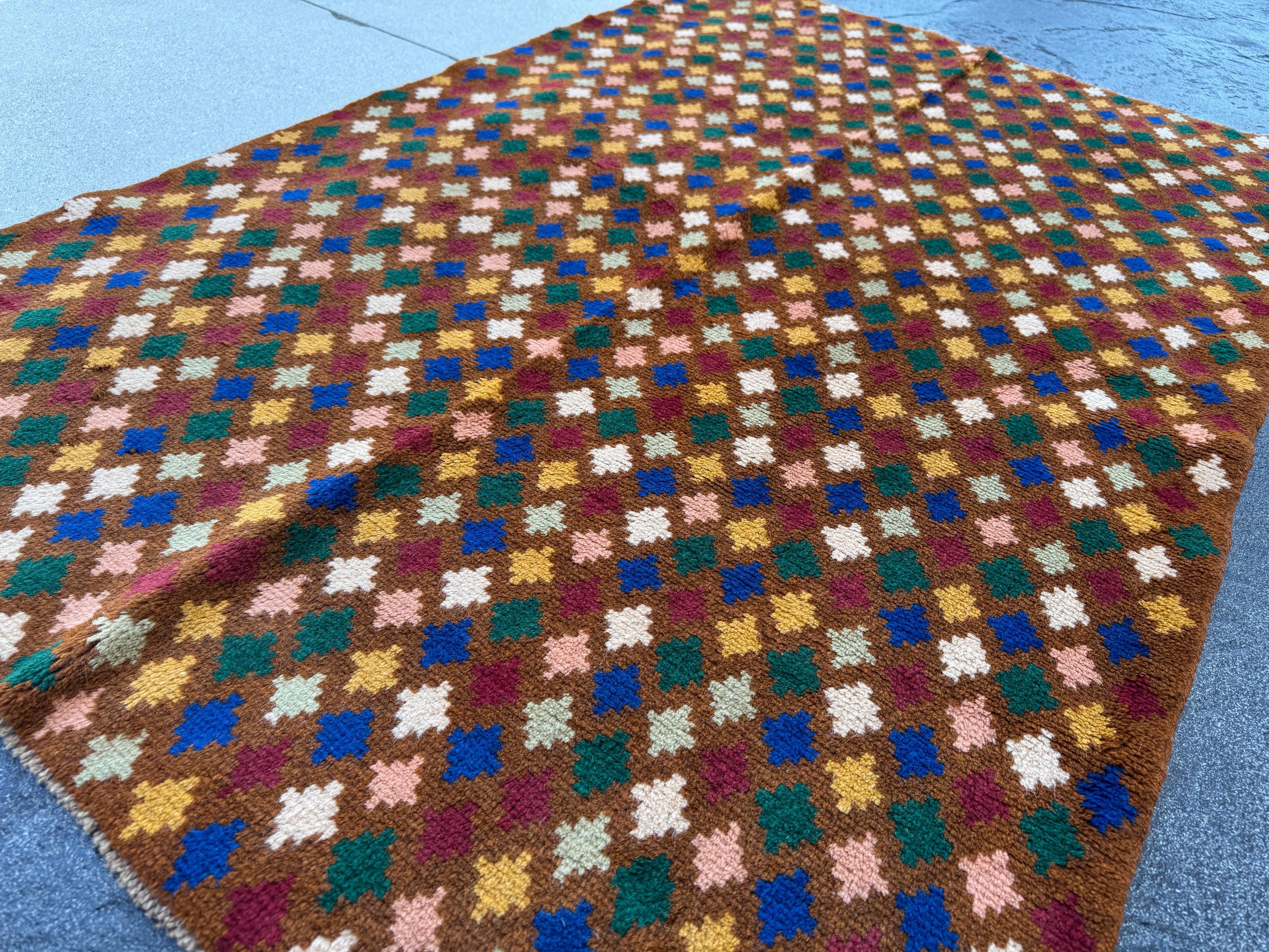 4x6 Handmade Vintage Afghan Baluch Rug | Chocolate Brown Pine Mint Green Navy Blue White Salmon Pink Peach Mustard Gold Brick Red | Wool