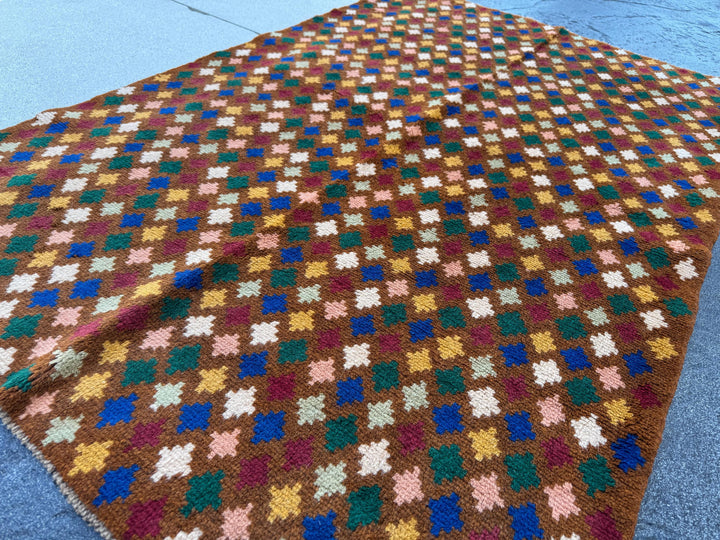 4x6 Handmade Vintage Afghan Baluch Rug | Chocolate Brown Pine Mint Green Navy Blue White Salmon Pink Peach Mustard Gold Brick Red | Wool