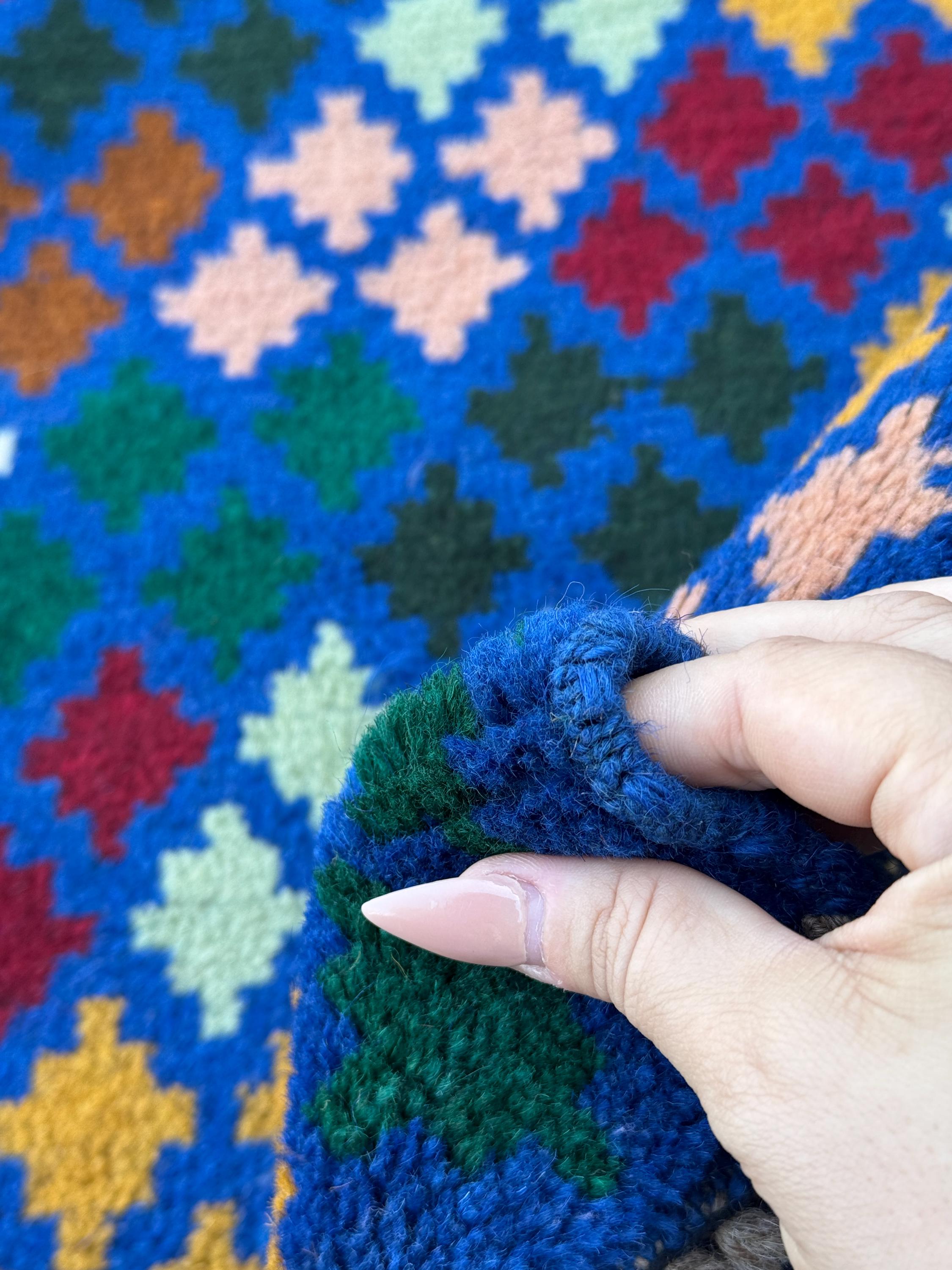 4x6 Handmade Vintage Afghan Baluch Rug | Navy Blue Pine Forest Mint Green Mustard Gold Salmon Pink Brick Red White | Wool Flatwoven