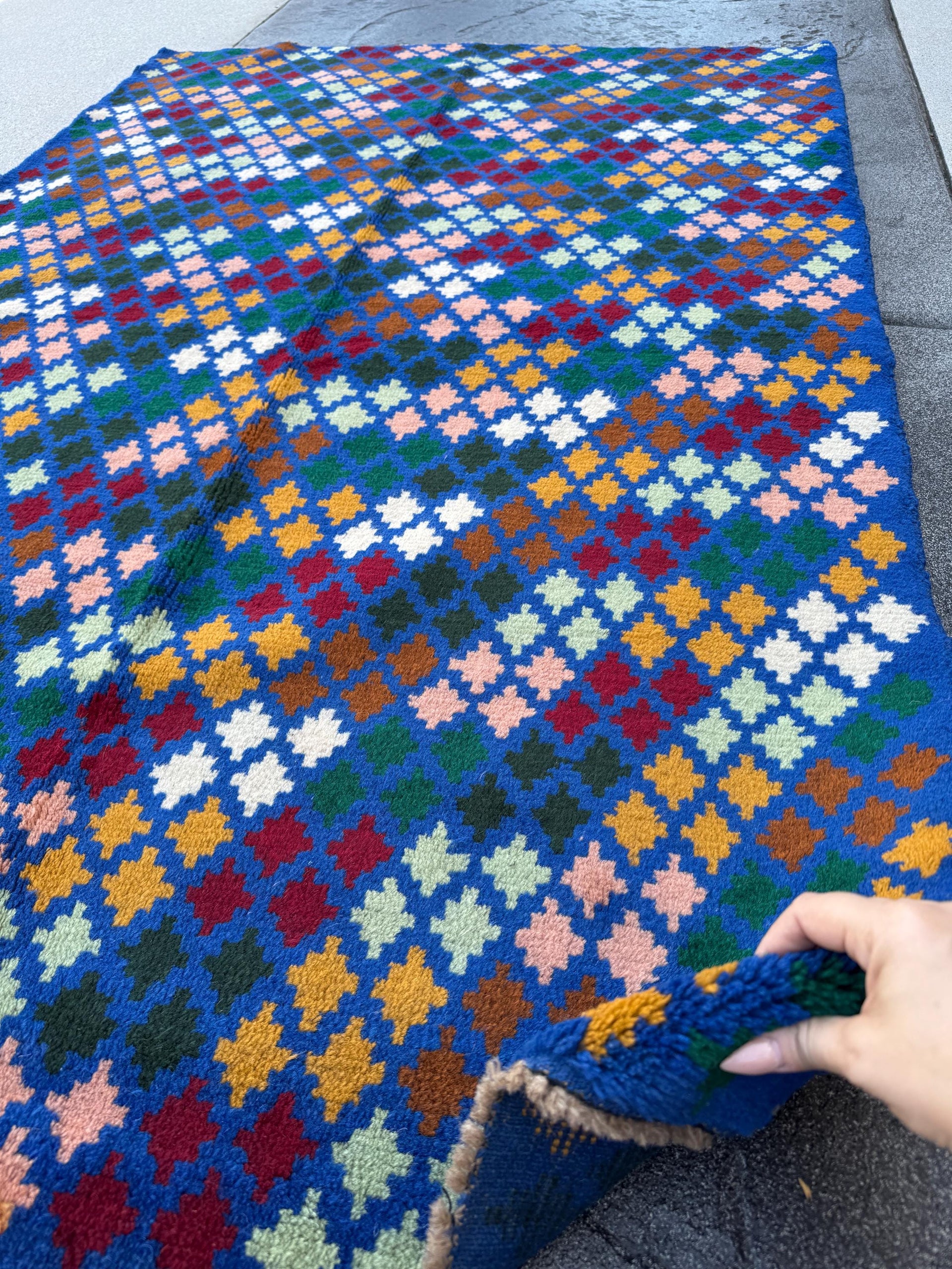 4x6 Handmade Vintage Afghan Baluch Rug | Navy Blue Pine Forest Mint Green Mustard Gold Salmon Pink Brick Red White | Wool Flatwoven