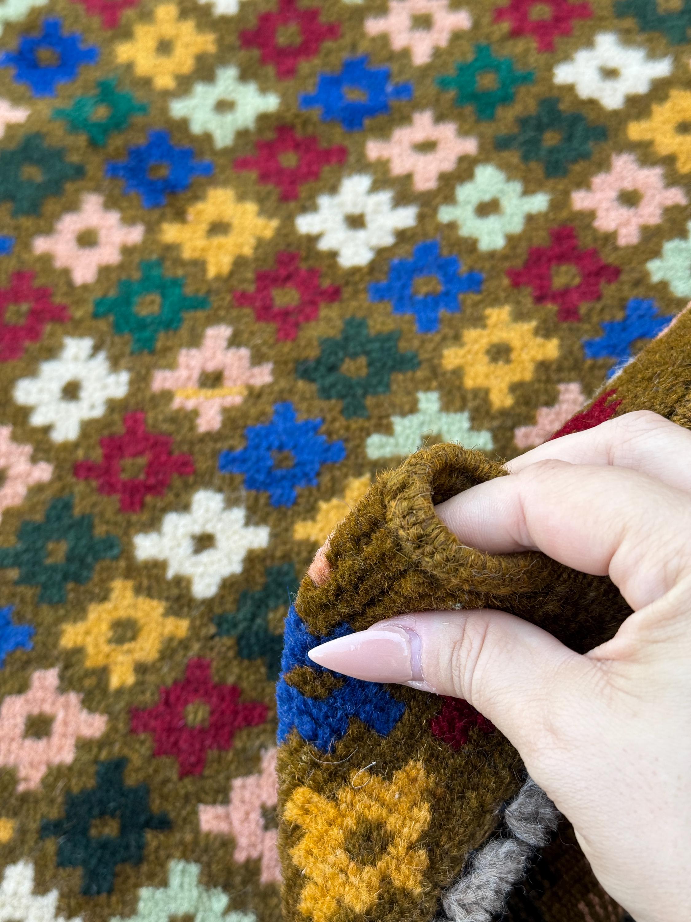 4x6 Handmade Vintage Afghan Baluch Rug | Olive Forest Pine Mint Green Mustard Gold Salmon Pink Peach Brick Red White Navy Blue | Flatwoven