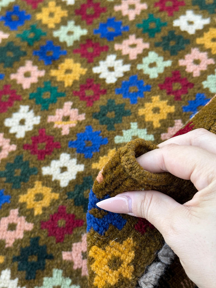 4x6 Handmade Vintage Afghan Baluch Rug | Olive Forest Pine Mint Green Mustard Gold Salmon Pink Peach Brick Red White Navy Blue | Flatwoven