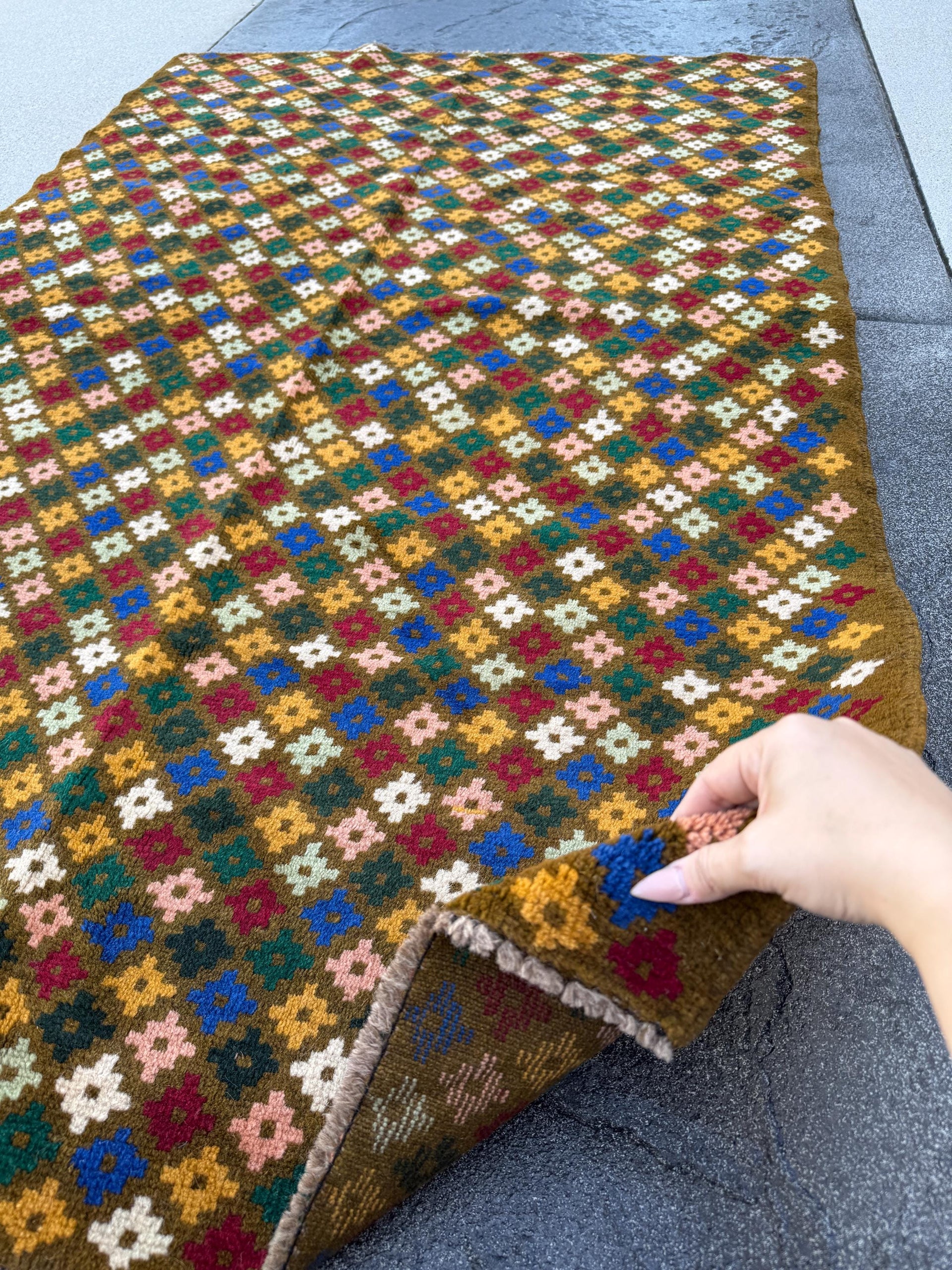 4x6 Handmade Vintage Afghan Baluch Rug | Olive Forest Pine Mint Green Mustard Gold Salmon Pink Peach Brick Red White Navy Blue | Flatwoven