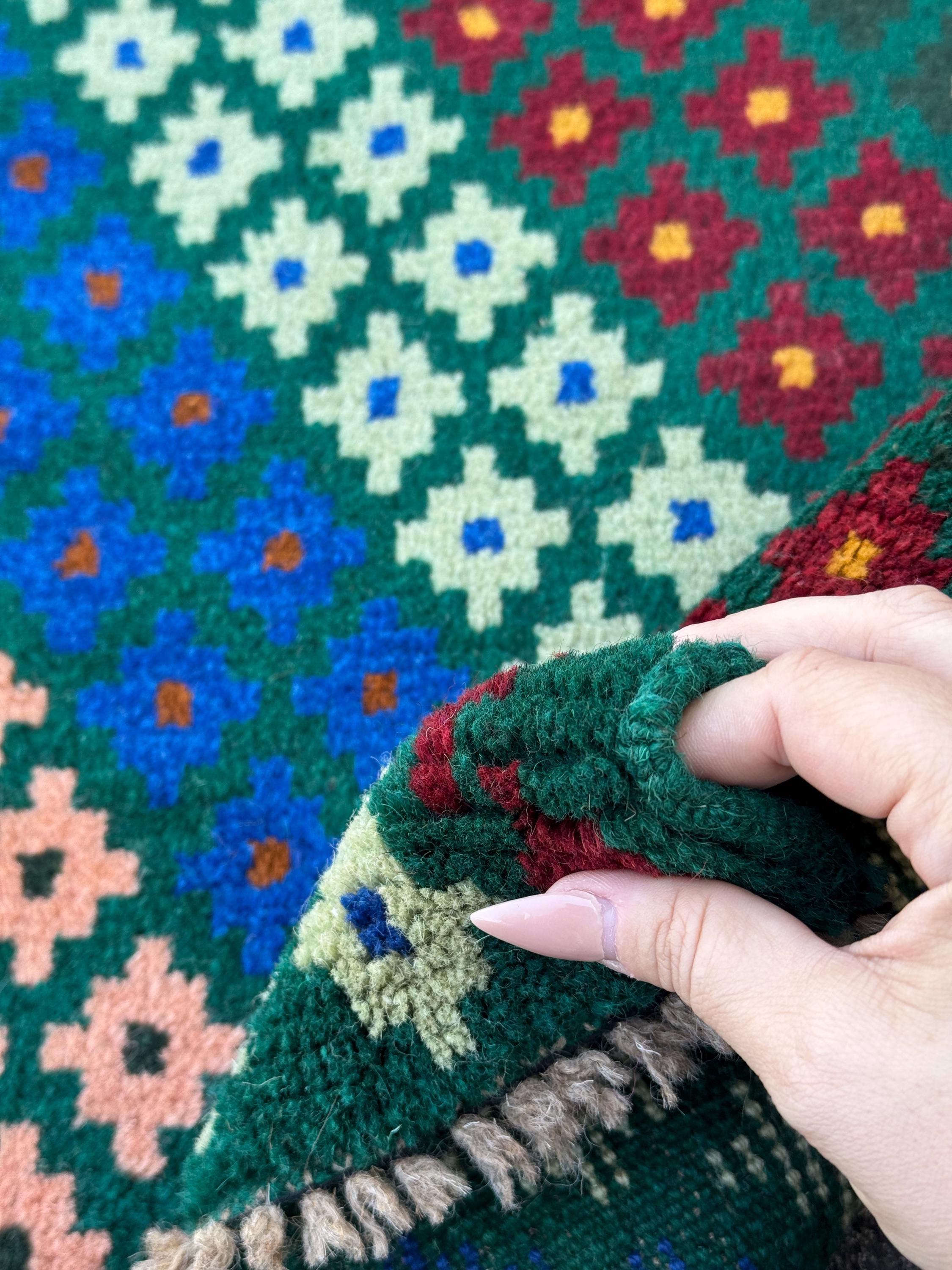 4x6 Handmade Vintage Afghan Baluch Rug | Forest Pine Mint Green Salmon Rose Pink Peach Navy Blue Copper Brown Mustard Gold Black | Wool