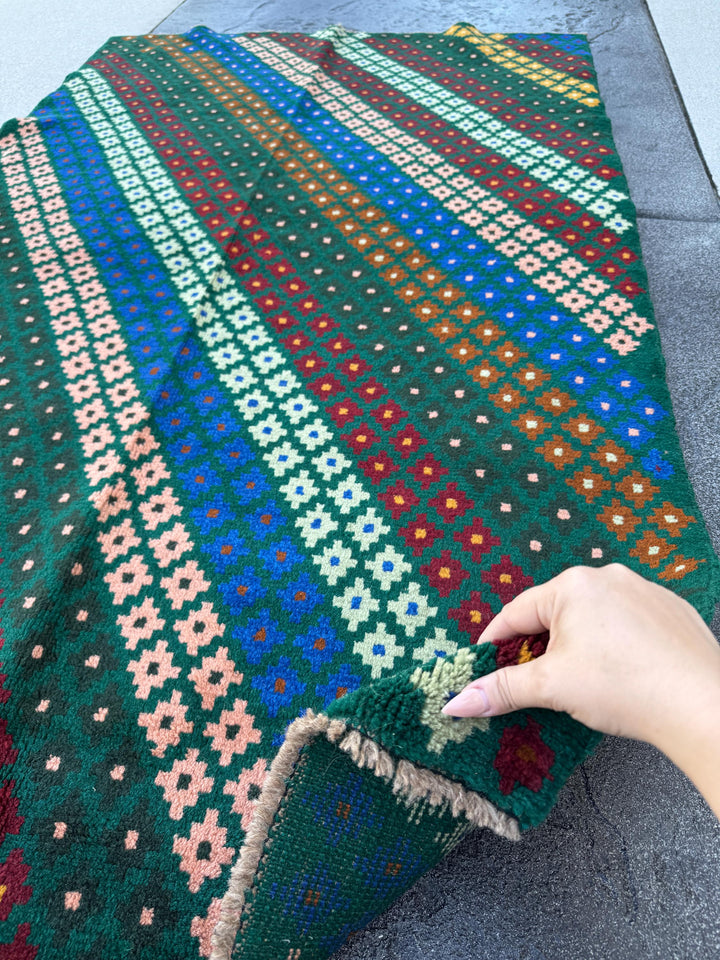 4x6 Handmade Vintage Afghan Baluch Rug | Forest Pine Mint Green Salmon Rose Pink Peach Navy Blue Copper Brown Mustard Gold Black | Wool