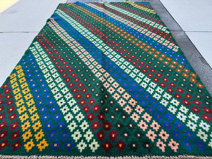4x6 Handmade Vintage Afghan Baluch Rug | Forest Pine Mint Green Salmon Rose Pink Peach Navy Blue Copper Brown Mustard Gold Black | Wool