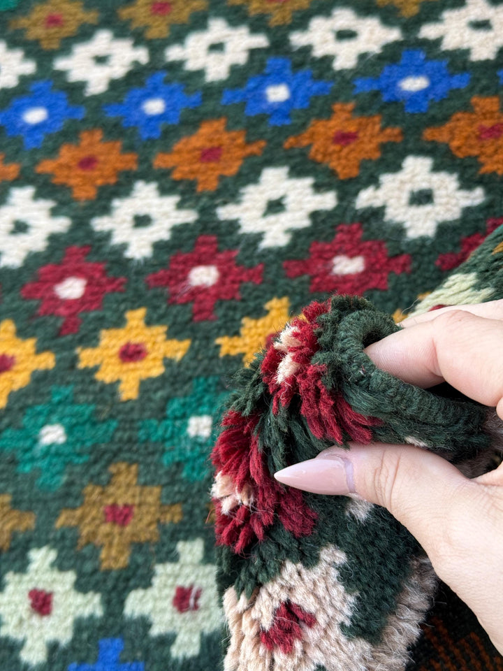 4x6 Handmade Vintage Afghan Baluch Rug | Forest Pine Mint Green Navy Blue Copper Brown Mustard Gold Black Brick Red White | Wool Flatwoven