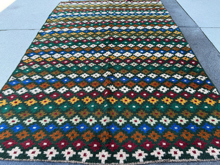 4x6 Handmade Vintage Afghan Baluch Rug | Forest Pine Mint Green Navy Blue Copper Brown Mustard Gold Black Brick Red White | Wool Flatwoven