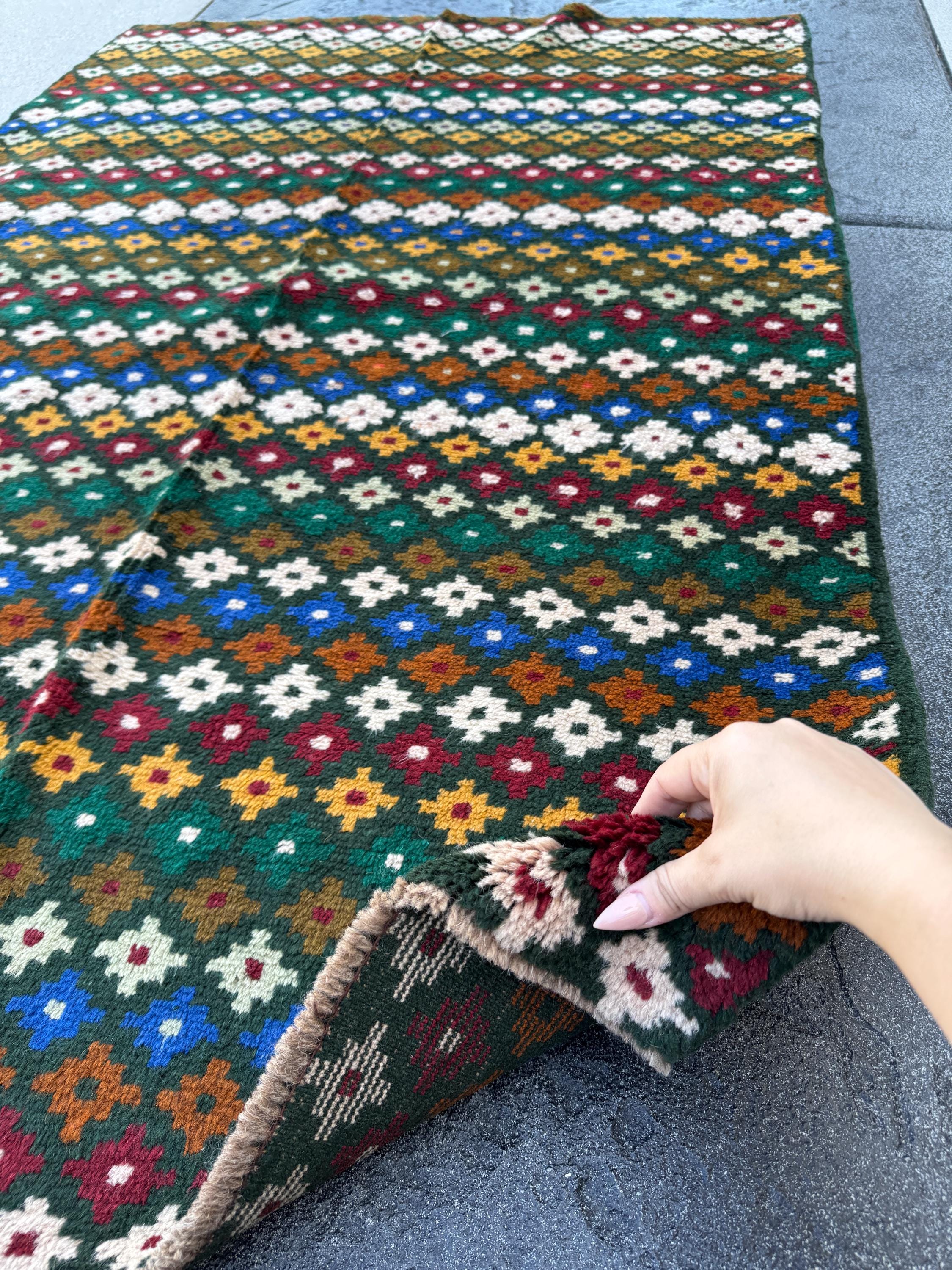 4x6 Handmade Vintage Afghan Baluch Rug | Forest Pine Mint Green Navy Blue Copper Brown Mustard Gold Black Brick Red White | Wool Flatwoven