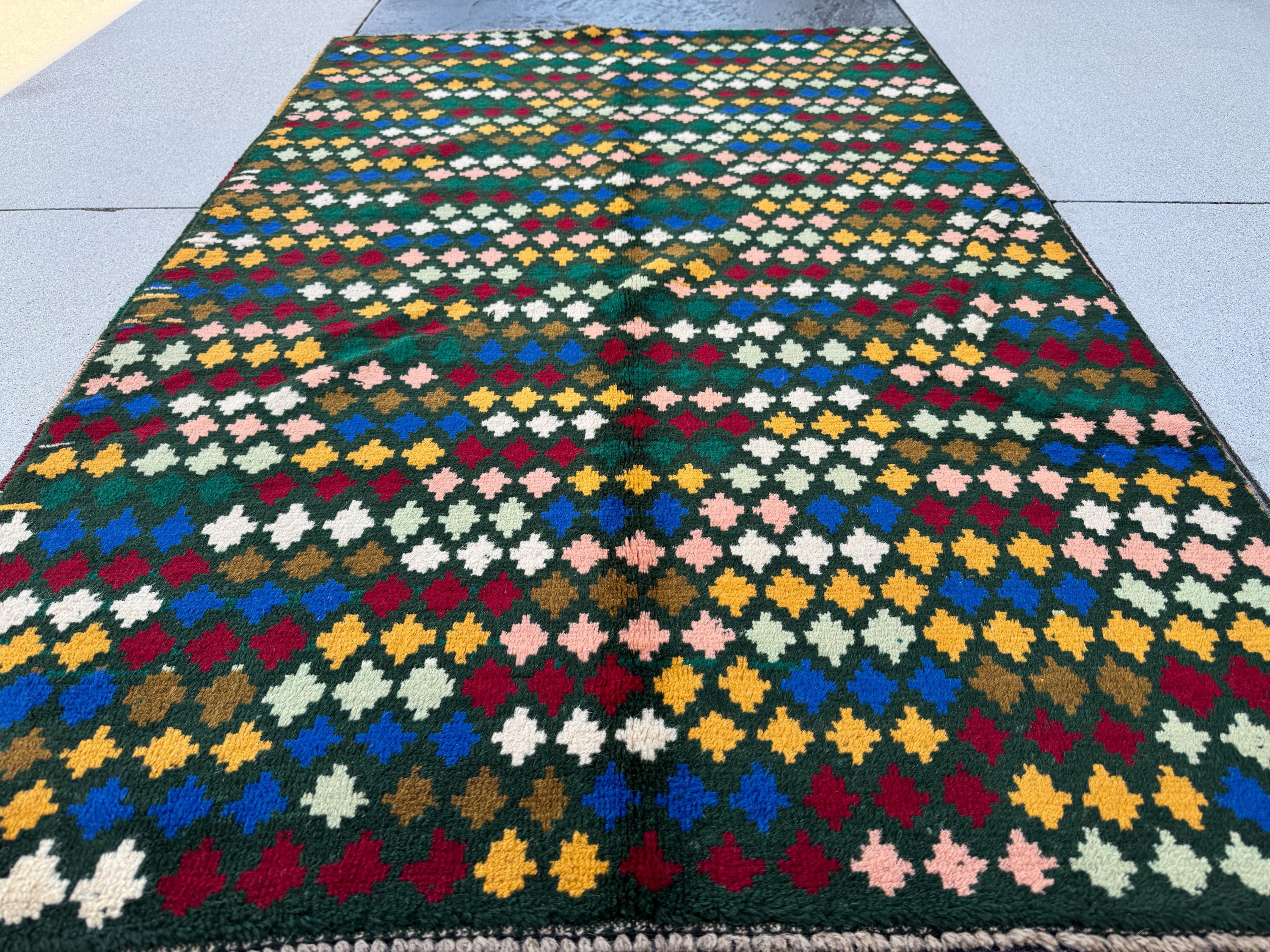 4x6 Handmade Vintage Afghan Baluch Rug | Forest Pine Mint Olive Green Navy Blue Mustard Gold Black Brick Red White Salmon Pink Peach | Wool
