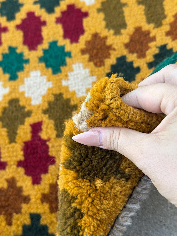 4x6 Handmade Vintage Afghan Baluch Rug | Mustard Gold White Copper Chocolate Brown Forest Pine Olive Green Brick Red | Wool Flatwoven