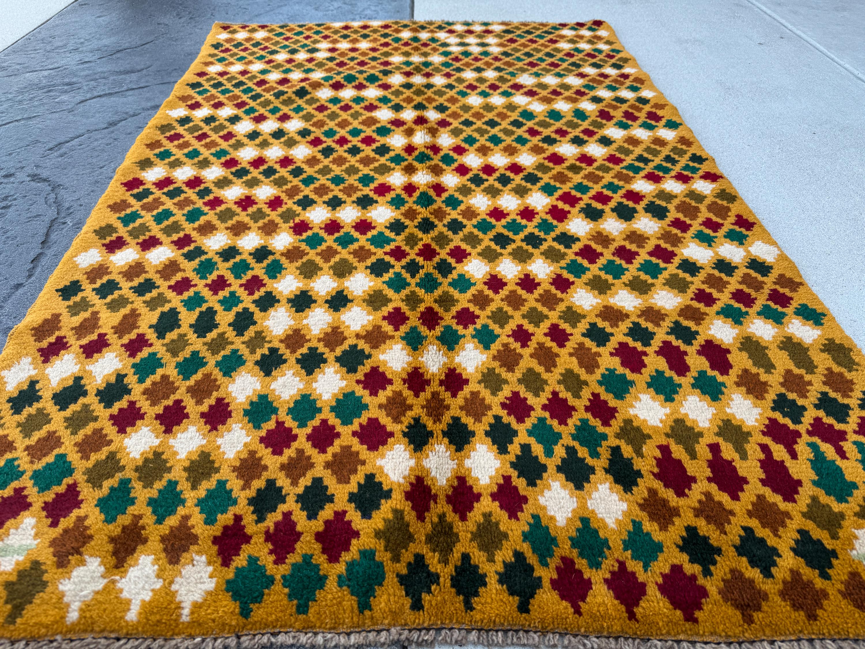 4x6 Handmade Vintage Afghan Baluch Rug | Mustard Gold White Copper Chocolate Brown Forest Pine Olive Green Brick Red | Wool Flatwoven