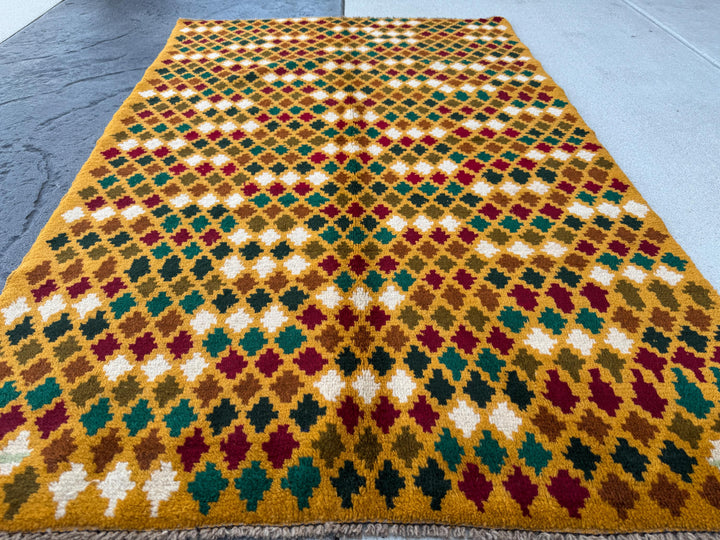 4x6 Handmade Vintage Afghan Baluch Rug | Mustard Gold White Copper Chocolate Brown Forest Pine Olive Green Brick Red | Wool Flatwoven