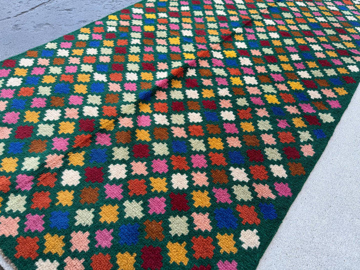 4x7 Handmade Vintage Afghan Baluch Rug | Forest Mint Navy Blue Mustard Gold Brick Red White Rose Salmon Pink Peach Burnt Orange Chocolate