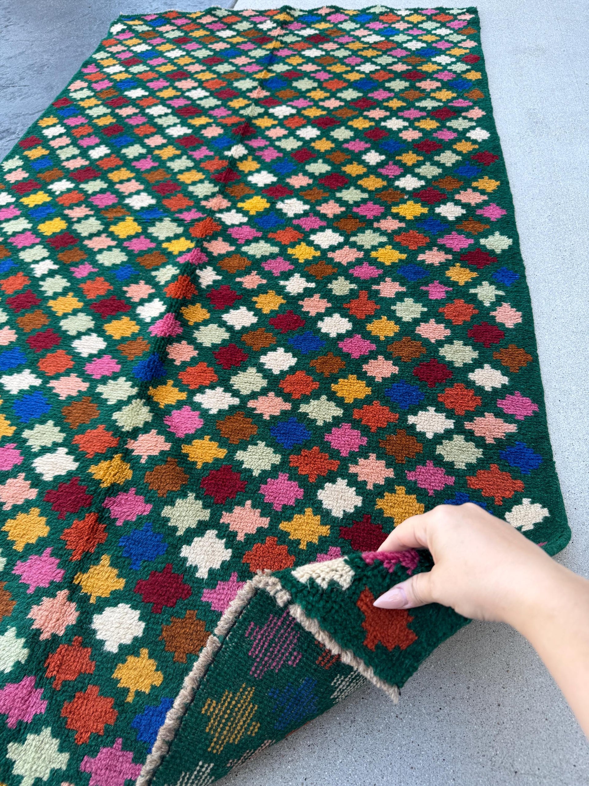 4x7 Handmade Vintage Afghan Baluch Rug | Forest Mint Navy Blue Mustard Gold Brick Red White Rose Salmon Pink Peach Burnt Orange Chocolate