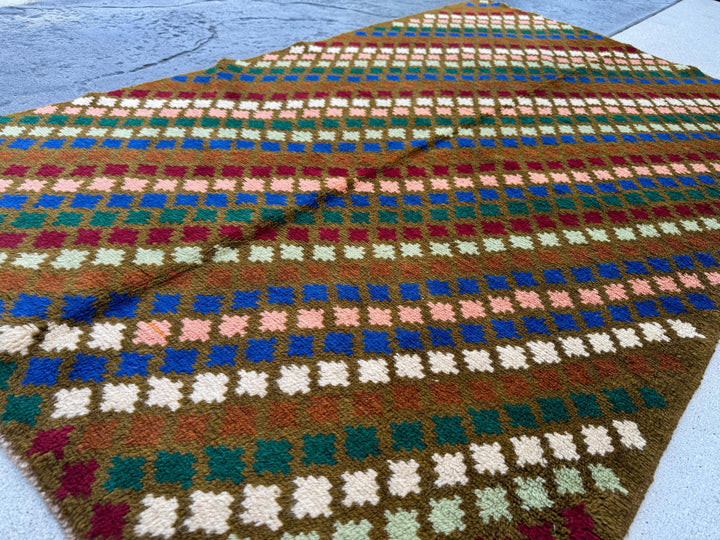 4x6 Handmade Vintage Afghan Baluch Rug | Olive Mint Forest Green Chocolate Brown Navy Blue Salmon Pink Peach Brick Red White | Flatwoven