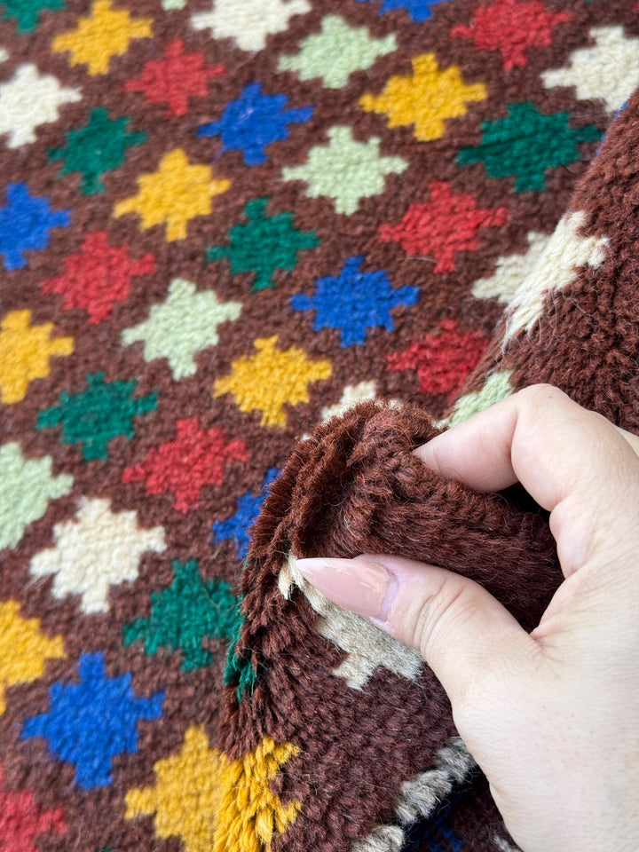 4x6 Handmade Vintage Afghan Baluch Rug | Chocolate Brown Mustard Gold Navy Blue Forest Mint Green Brick Red White | Wool Flatwoven
