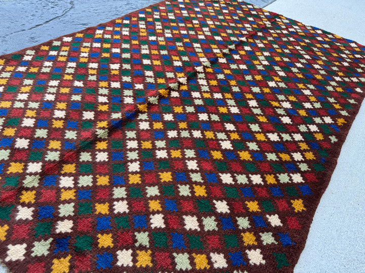 4x6 Handmade Vintage Afghan Baluch Rug | Chocolate Brown Mustard Gold Navy Blue Forest Mint Green Brick Red White | Wool Flatwoven