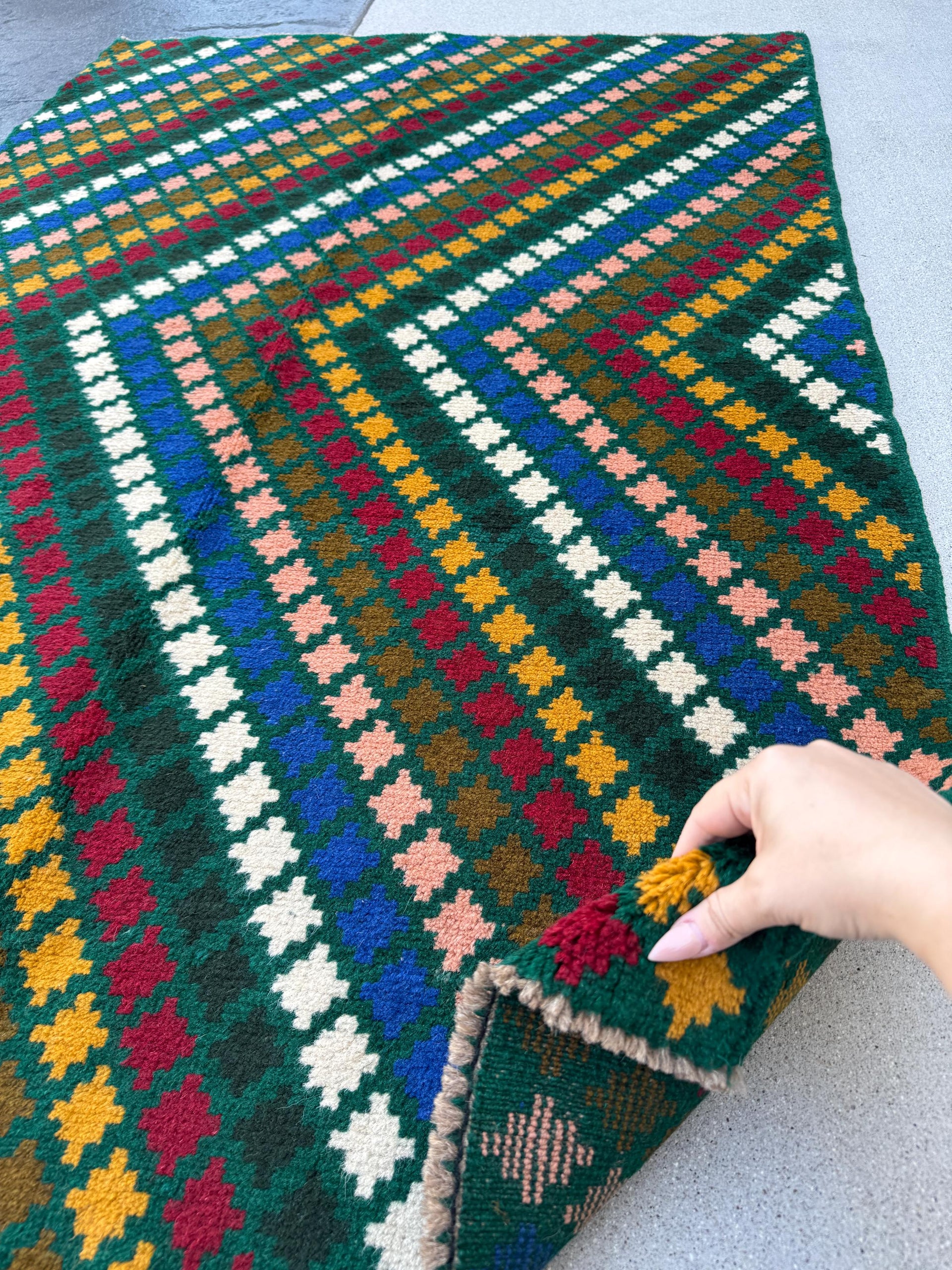 4x6 Handmade Vintage Afghan Baluch Rug | Forest Pine Green Navy Blue White Brick Red Mustard Gold Salmon Pink Peach Chocolate Brown | Wool
