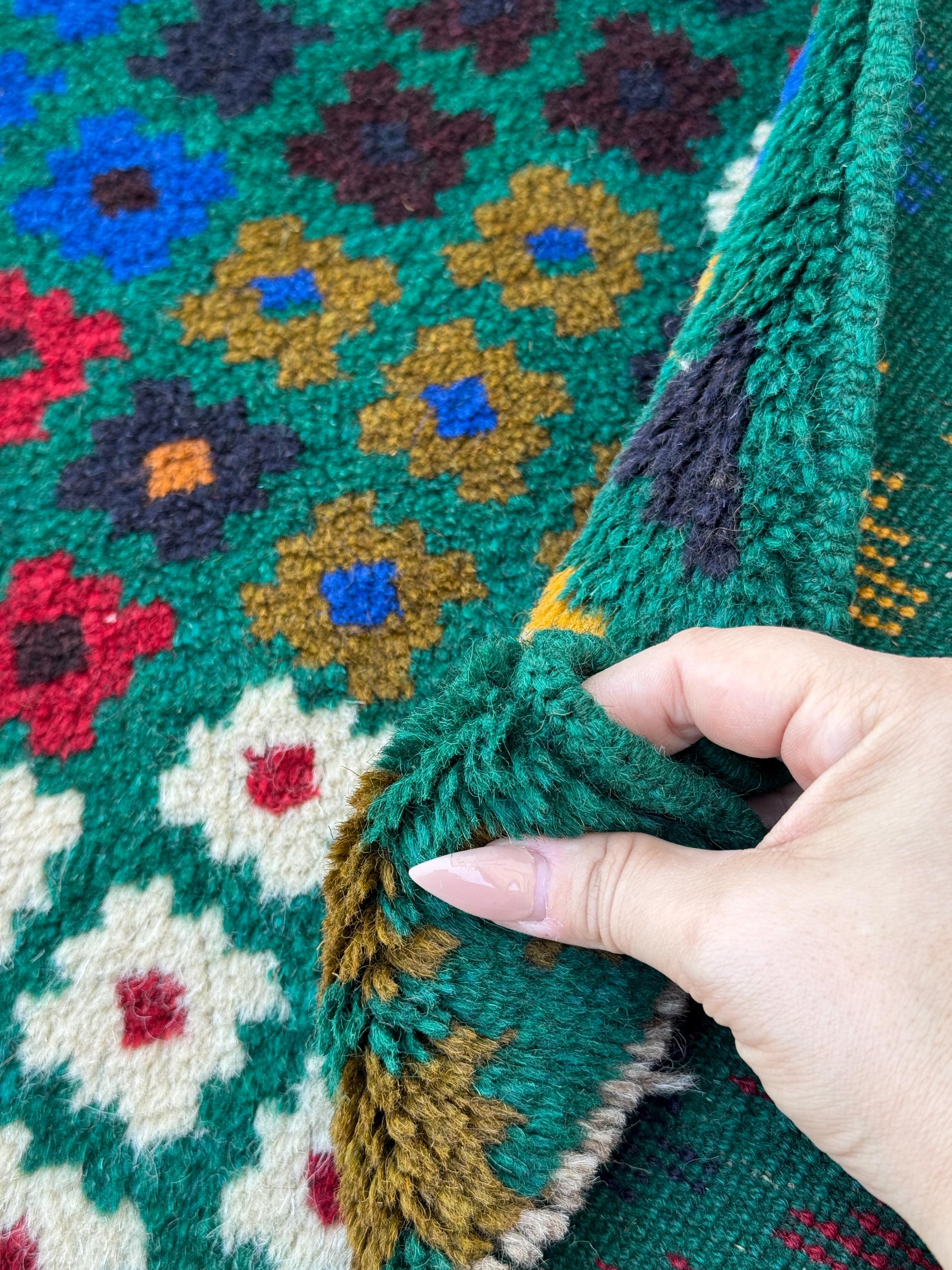4x6 Handmade Vintage Afghan Baluch Rug | Forest Olive Green Navy Blue White Brick Red Mustard Gold Eggplant Purple Midnight Blue | Wool