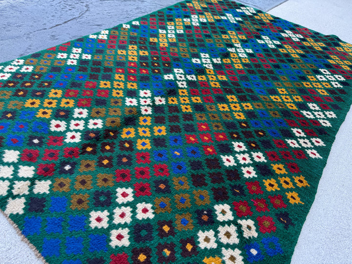 4x6 Handmade Vintage Afghan Baluch Rug | Forest Olive Green Navy Blue White Brick Red Mustard Gold Eggplant Purple Midnight Blue | Wool