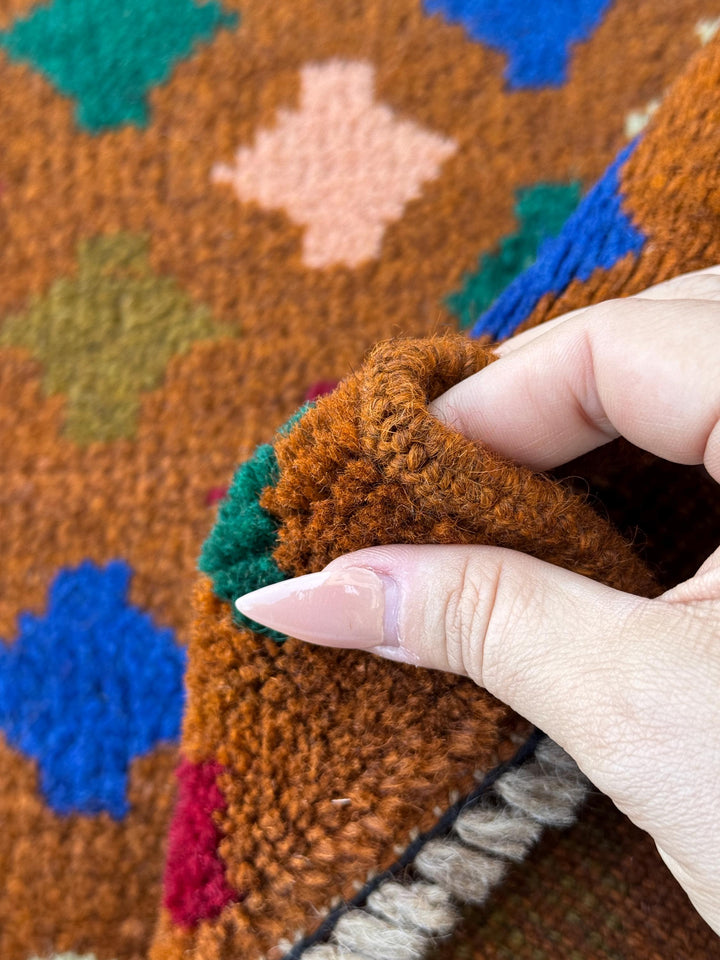 4x6 Handmade Vintage Afghan Baluch Rug | Copper Chocolate Brown Forest Olive Mint Green Brick Red Navy Blue Salmon Pink Peach | Wool