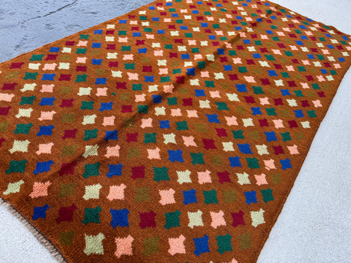 4x6 Handmade Vintage Afghan Baluch Rug | Copper Chocolate Brown Forest Olive Mint Green Brick Red Navy Blue Salmon Pink Peach | Wool