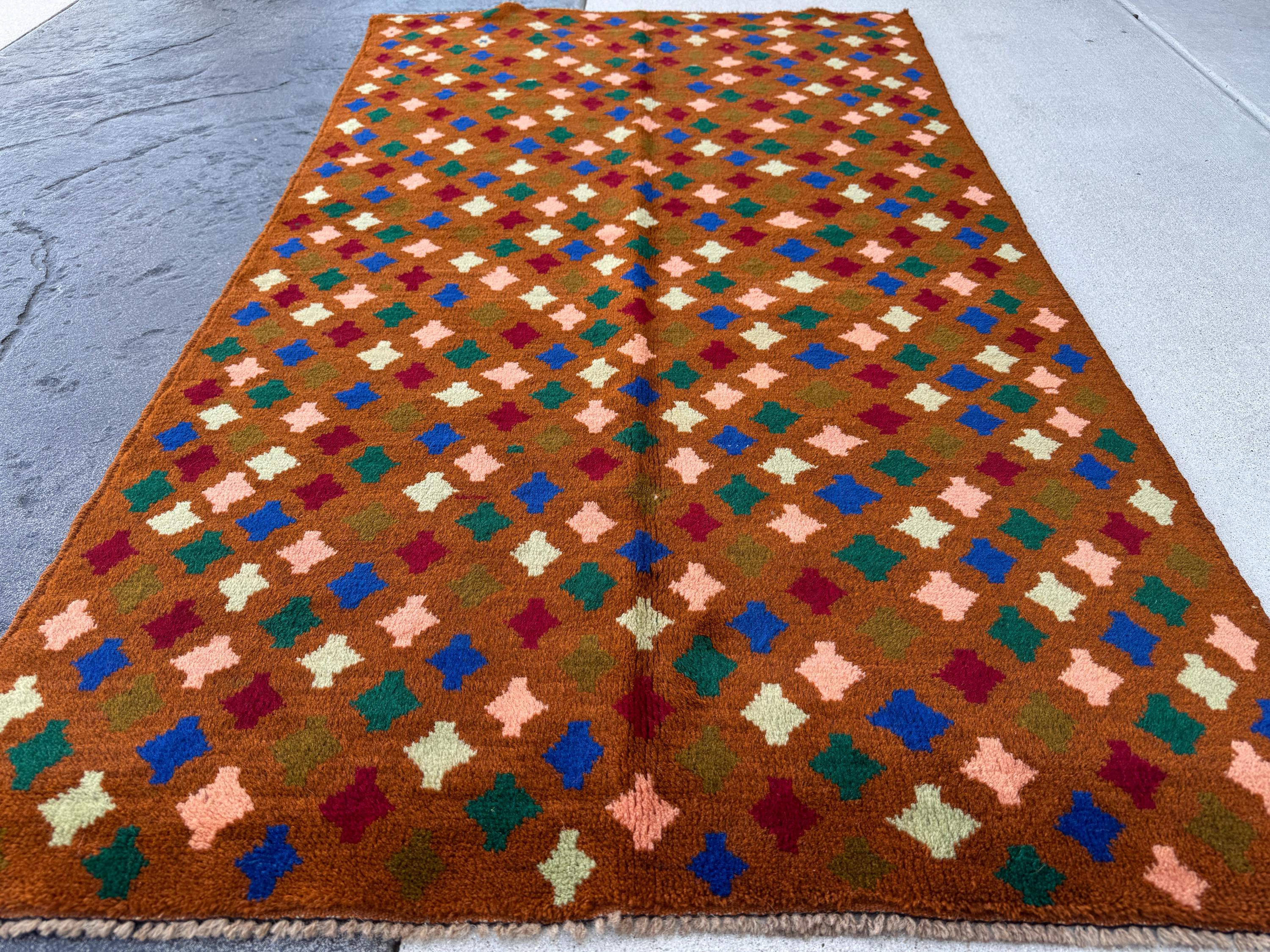 4x6 Handmade Vintage Afghan Baluch Rug | Copper Chocolate Brown Forest Olive Mint Green Brick Red Navy Blue Salmon Pink Peach | Wool