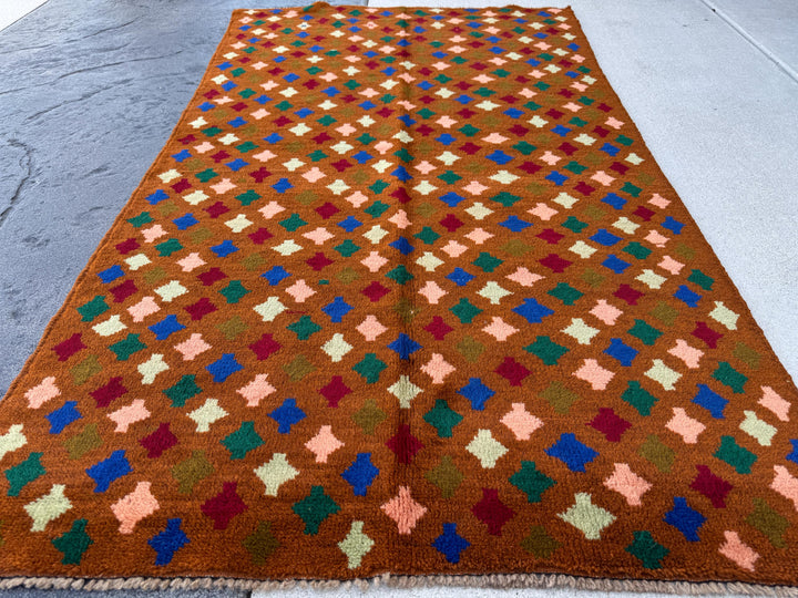 4x6 Handmade Vintage Afghan Baluch Rug | Copper Chocolate Brown Forest Olive Mint Green Brick Red Navy Blue Salmon Pink Peach | Wool