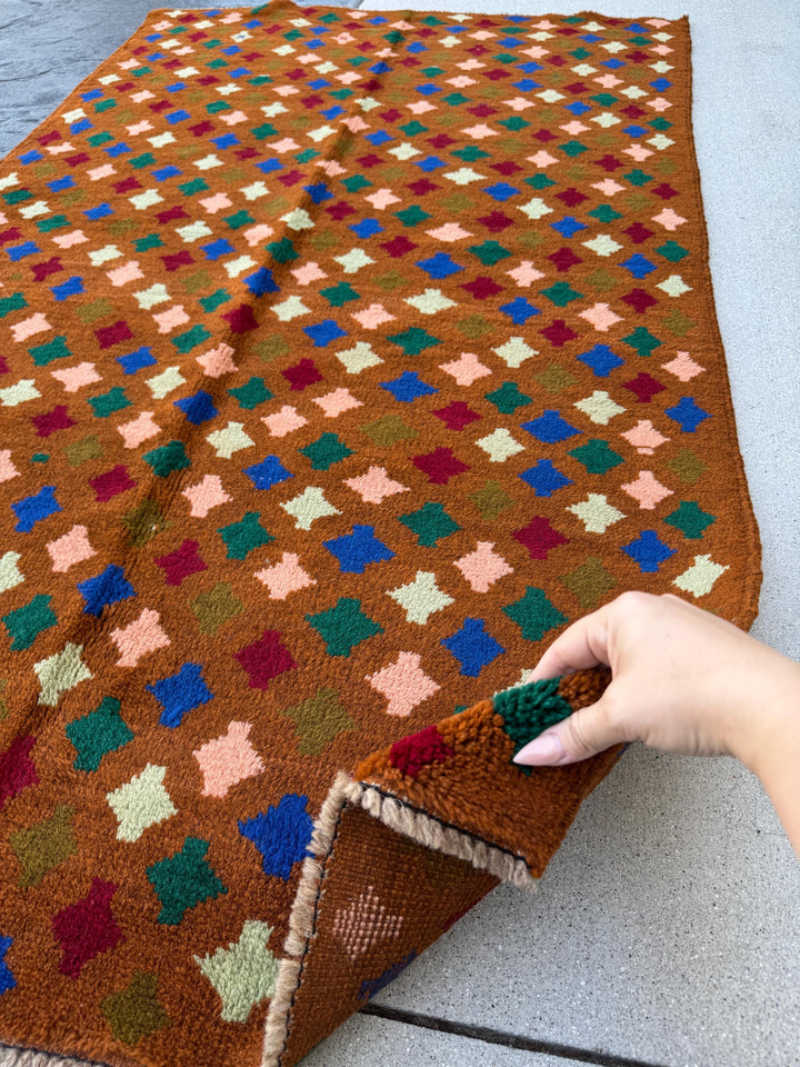 4x6 Handmade Vintage Afghan Baluch Rug | Copper Chocolate Brown Forest Olive Mint Green Brick Red Navy Blue Salmon Pink Peach | Wool