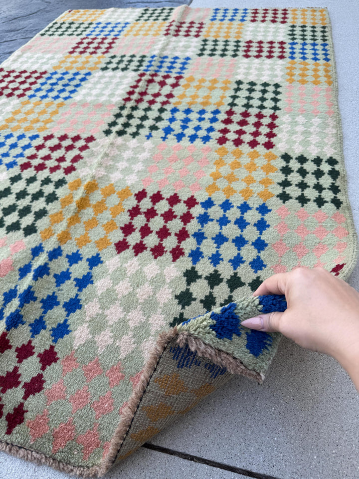 4x6 Handmade Vintage Afghan Baluch Rug | Mint Pine Green Brick Red Mustard Yellow Gold Navy Blue White | Wool Flatwoven