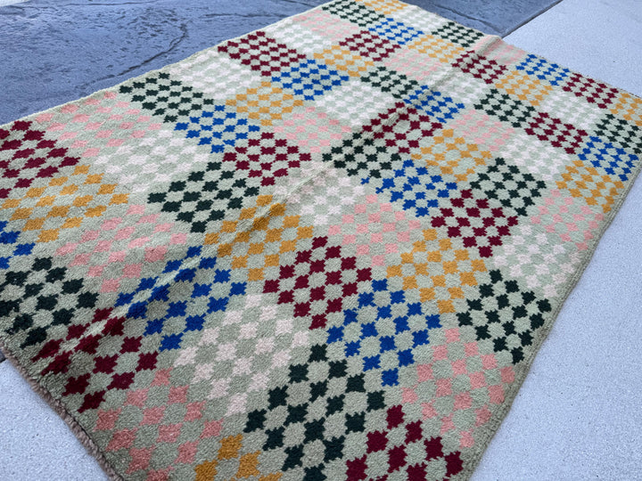 4x6 Handmade Vintage Afghan Baluch Rug | Mint Pine Green Brick Red Mustard Yellow Gold Navy Blue White | Wool Flatwoven
