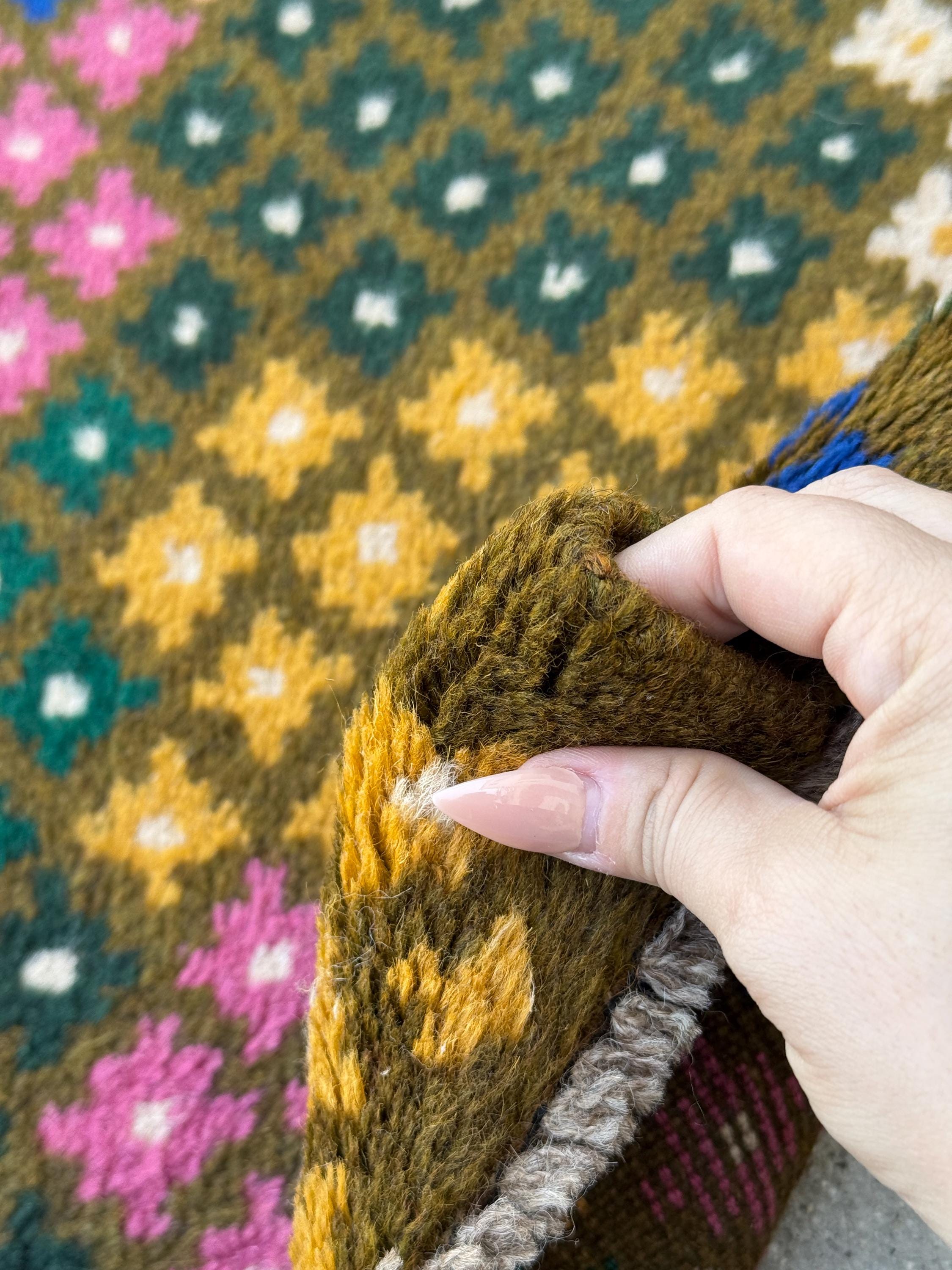 4x6 Handmade Vintage Afghan Baluch Rug | Olive Forest Pine Moss Green Rose Salmon Pink Peach Mustard Yellow Gold Navy Blue White | Wool
