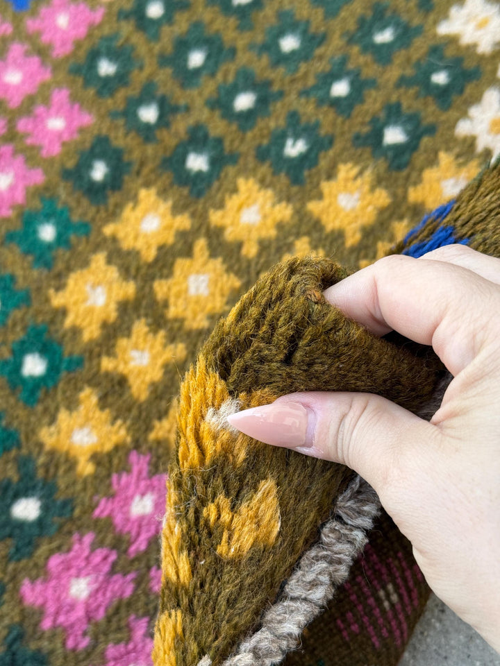 4x6 Handmade Vintage Afghan Baluch Rug | Olive Forest Pine Moss Green Rose Salmon Pink Peach Mustard Yellow Gold Navy Blue White | Wool