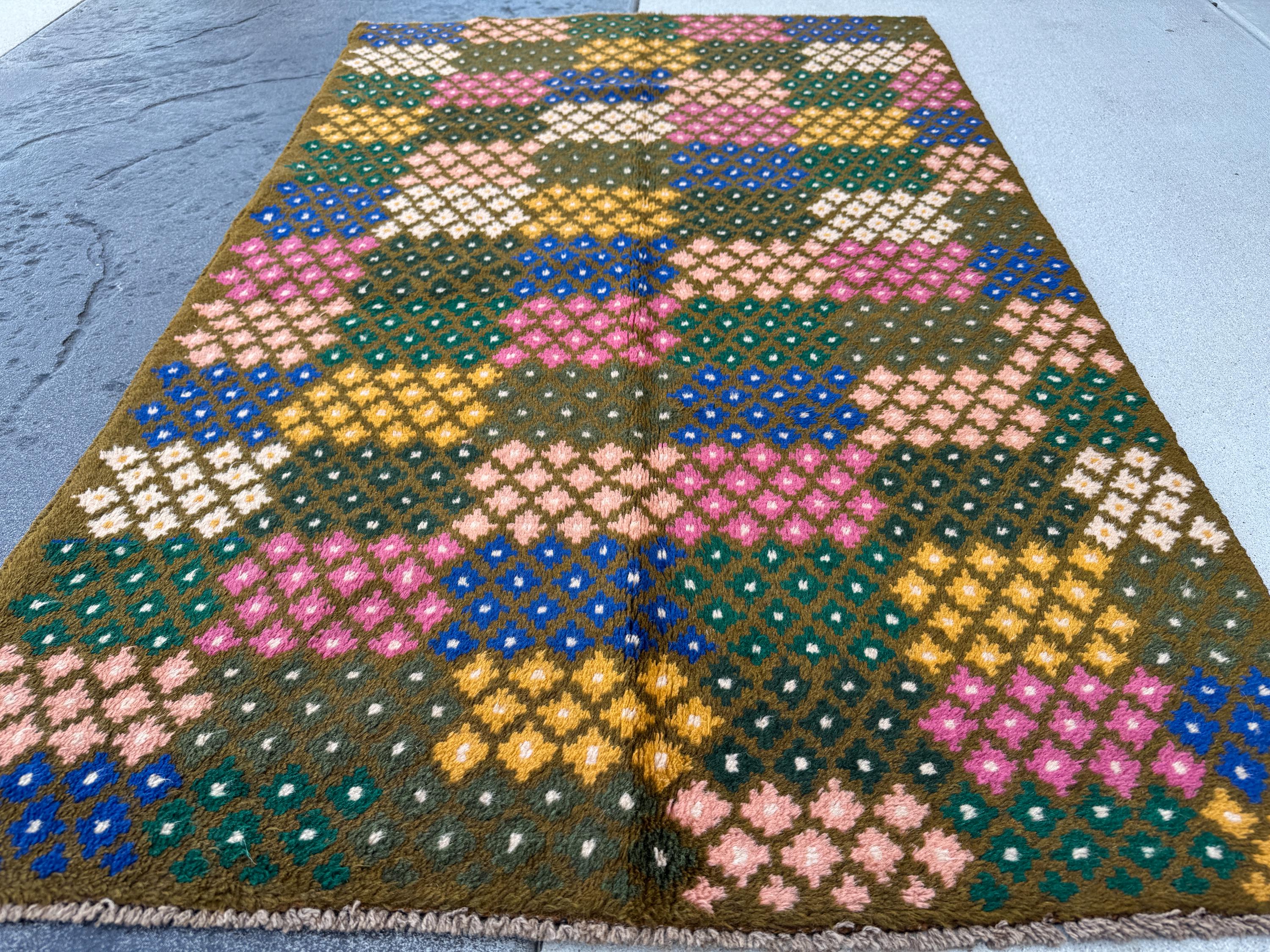 4x6 Handmade Vintage Afghan Baluch Rug | Olive Forest Pine Moss Green Rose Salmon Pink Peach Mustard Yellow Gold Navy Blue White | Wool