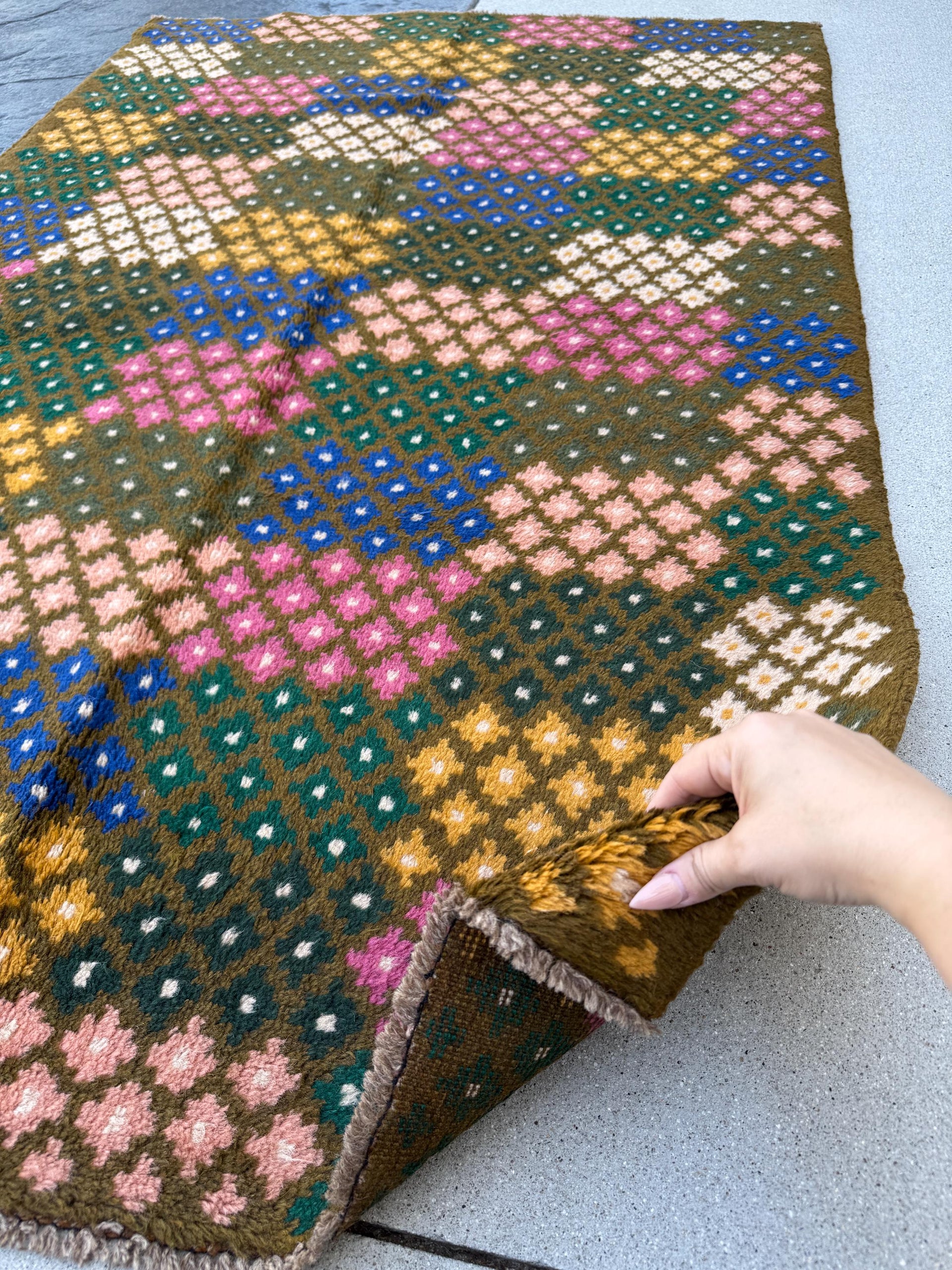 4x6 Handmade Vintage Afghan Baluch Rug | Olive Forest Pine Moss Green Rose Salmon Pink Peach Mustard Yellow Gold Navy Blue White | Wool