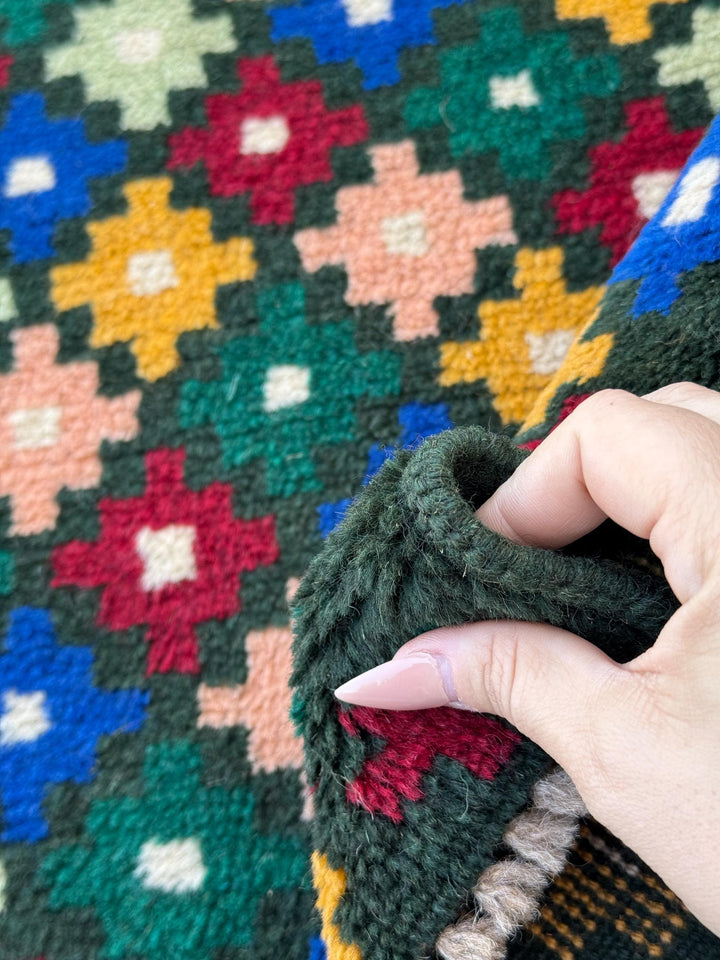 4x6 Handmade Vintage Afghan Baluch Rug | Pine Mint Forest Green Brick Red Mustard Yellow Gold Navy Blue White Salmon Pink Peach | Flatwoven