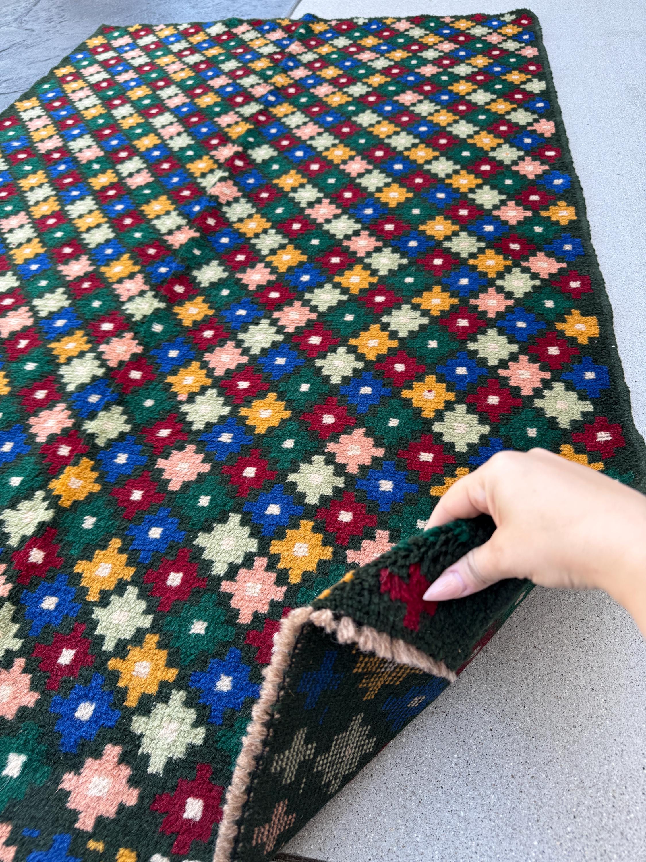 4x6 Handmade Vintage Afghan Baluch Rug | Pine Mint Forest Green Brick Red Mustard Yellow Gold Navy Blue White Salmon Pink Peach | Flatwoven