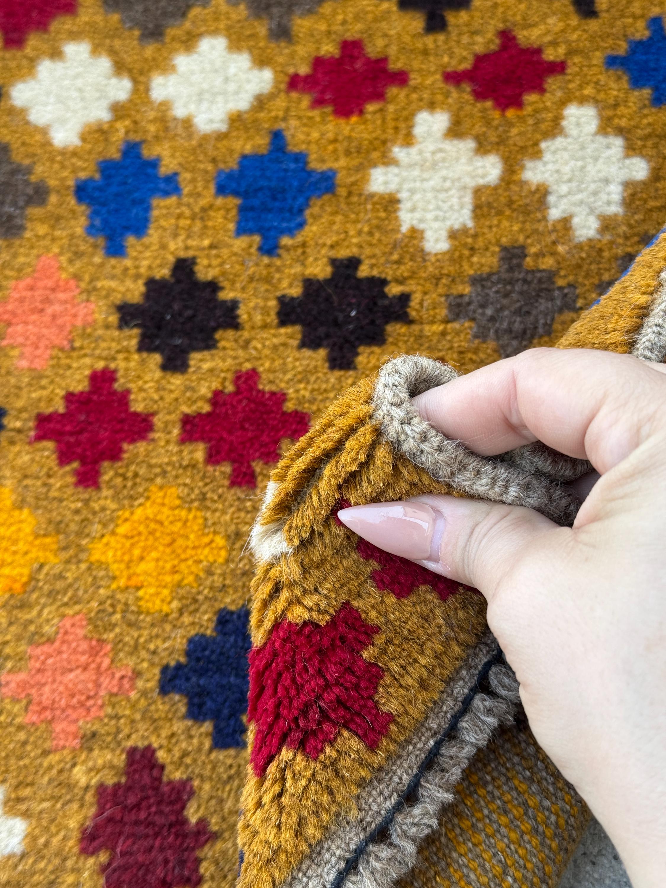 4x6 Handmade Vintage Afghan Baluch Rug | Gold Mustard Yellow White Navy Midnight Blue Brick Red Grey White Burnt Orange Black Copper Brown