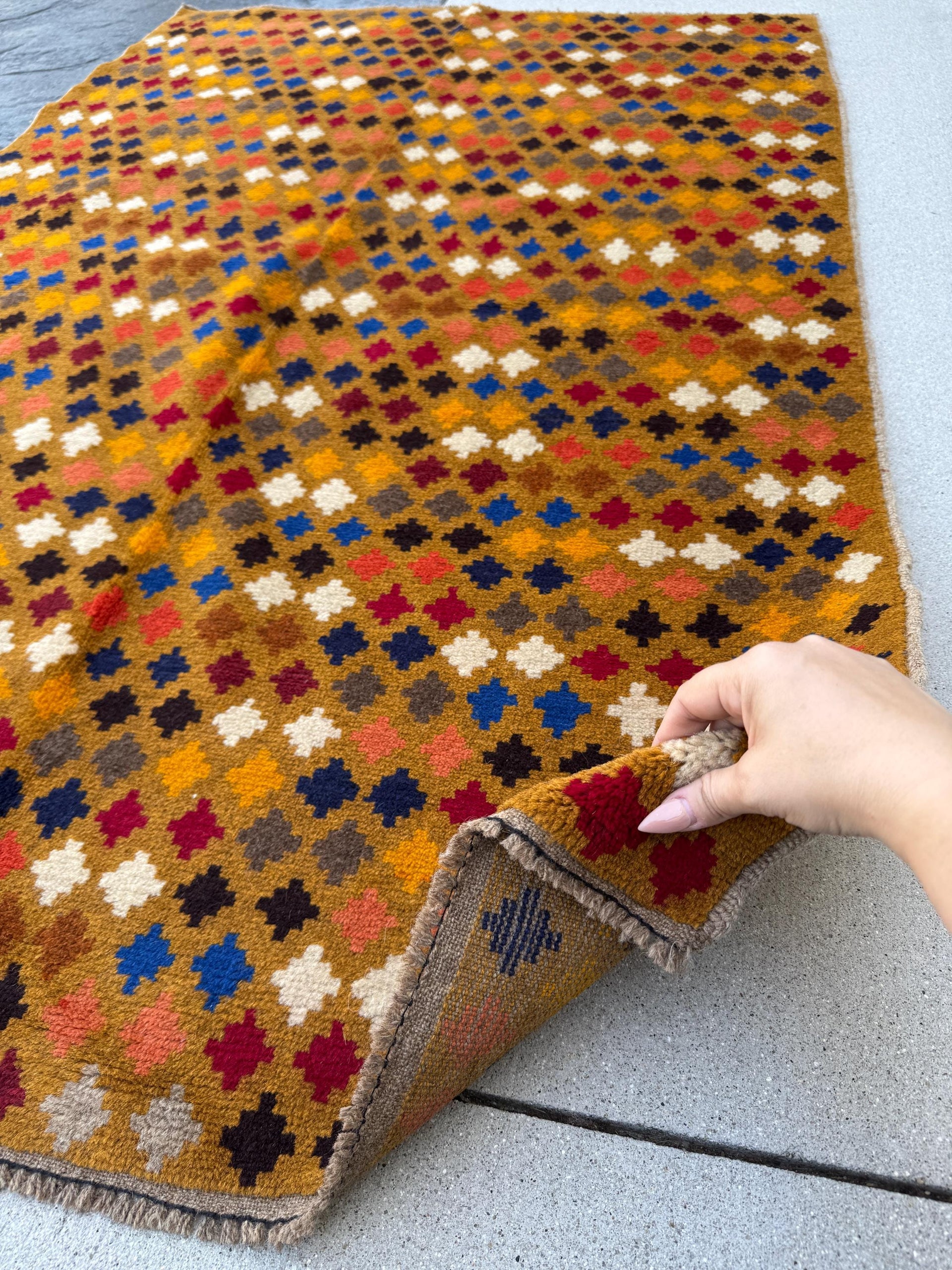 4x6 Handmade Vintage Afghan Baluch Rug | Gold Mustard Yellow White Navy Midnight Blue Brick Red Grey White Burnt Orange Black Copper Brown