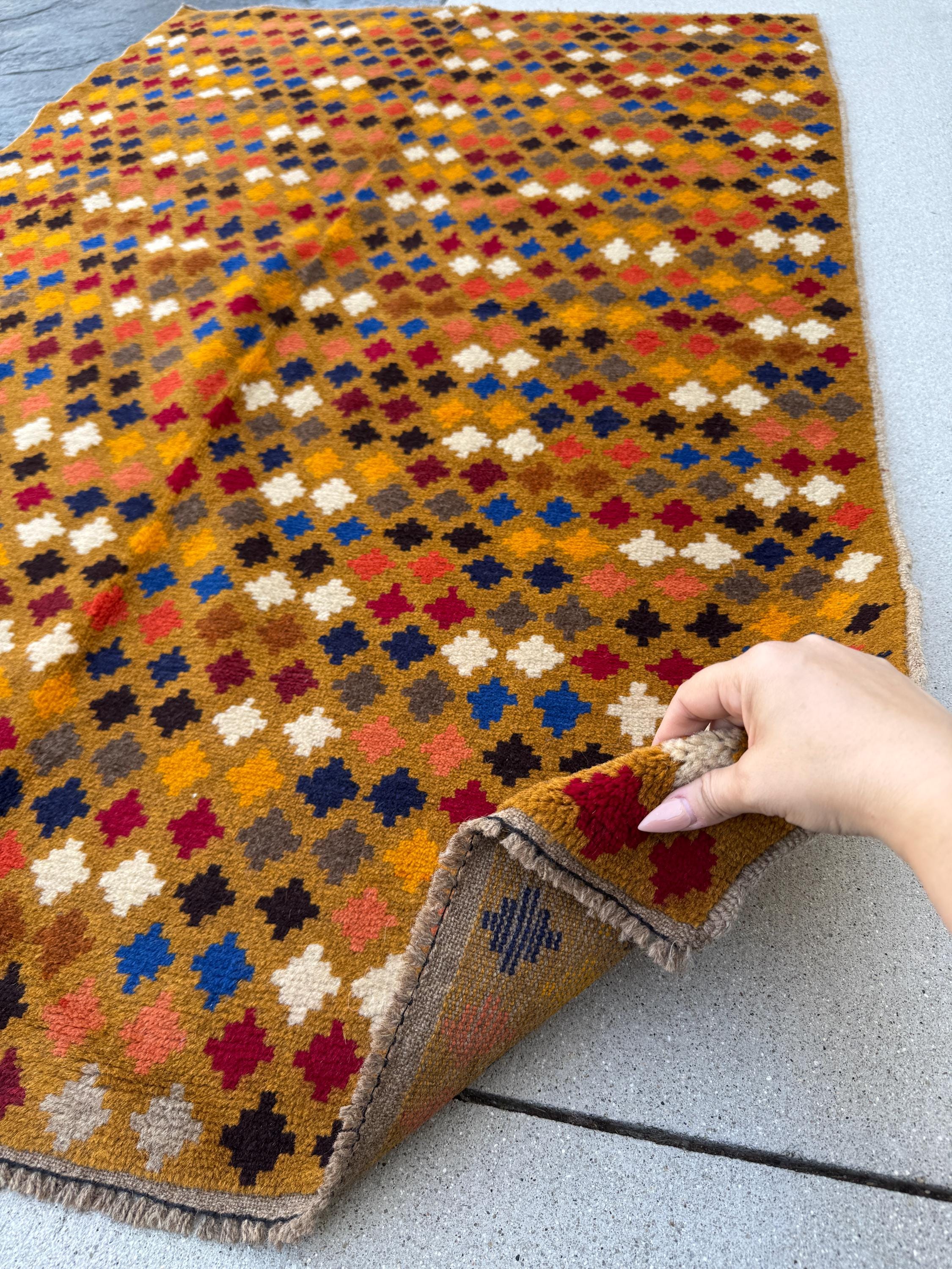 4x6 Handmade Vintage Afghan Baluch Rug | Gold Mustard Yellow White Navy Midnight Blue Brick Red Grey White Burnt Orange Black Copper Brown