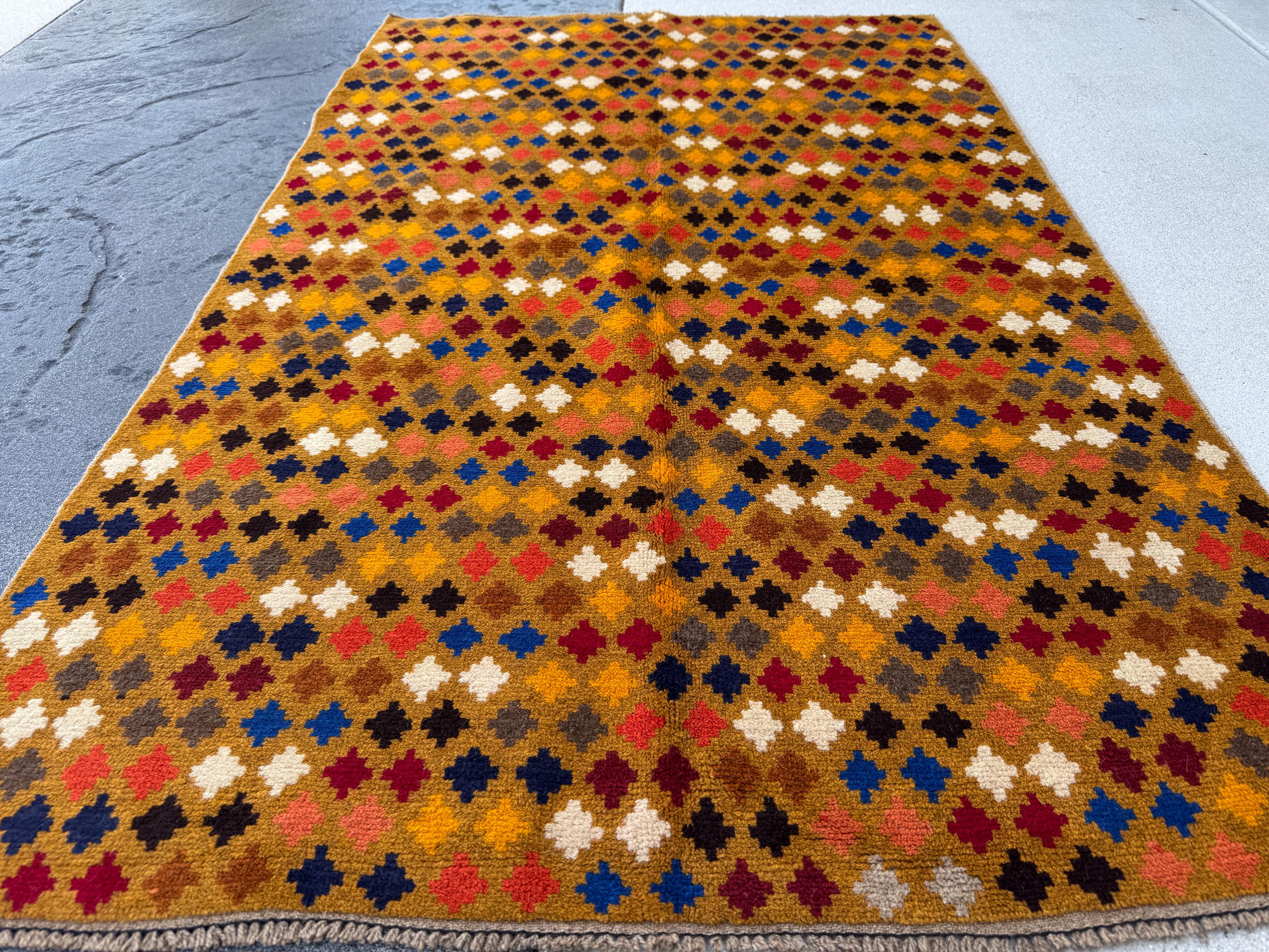 4x6 Handmade Vintage Afghan Baluch Rug | Gold Mustard Yellow White Navy Midnight Blue Brick Red Grey White Burnt Orange Black Copper Brown