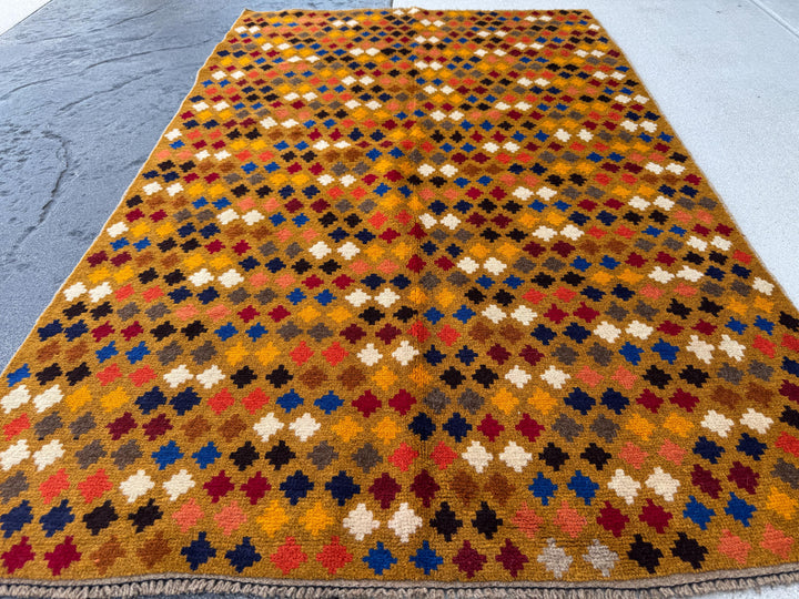 4x6 Handmade Vintage Afghan Baluch Rug | Gold Mustard Yellow White Navy Midnight Blue Brick Red Grey White Burnt Orange Black Copper Brown