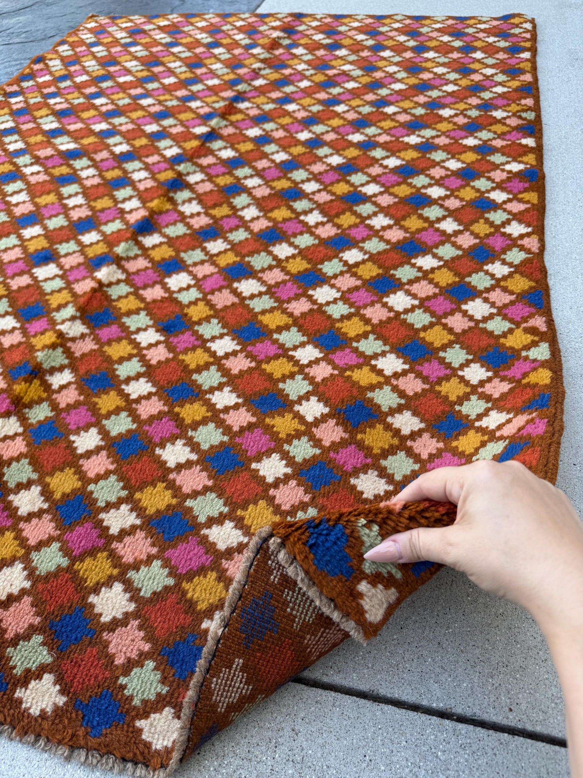 4x6 Handmade Vintage Afghan Baluch Rug | Chocolate Brown Navy Blue Rose Salmon Pink White Mustard Yellow Gold Burnt Orange Mint Green | Wool