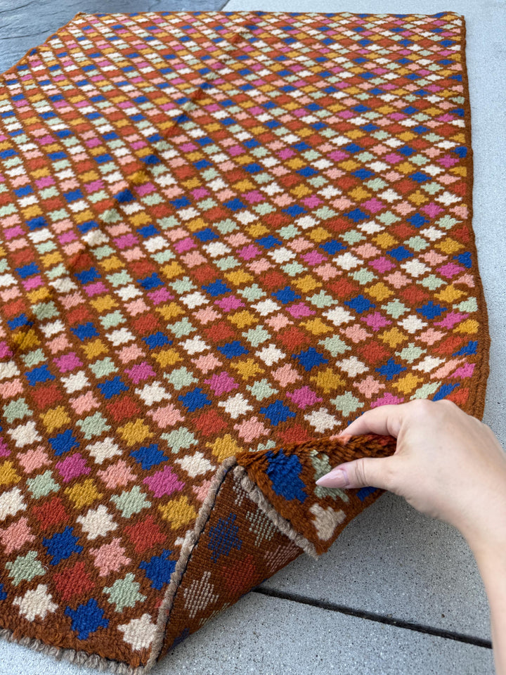 4x6 Handmade Vintage Afghan Baluch Rug | Chocolate Brown Navy Blue Rose Salmon Pink White Mustard Yellow Gold Burnt Orange Mint Green | Wool