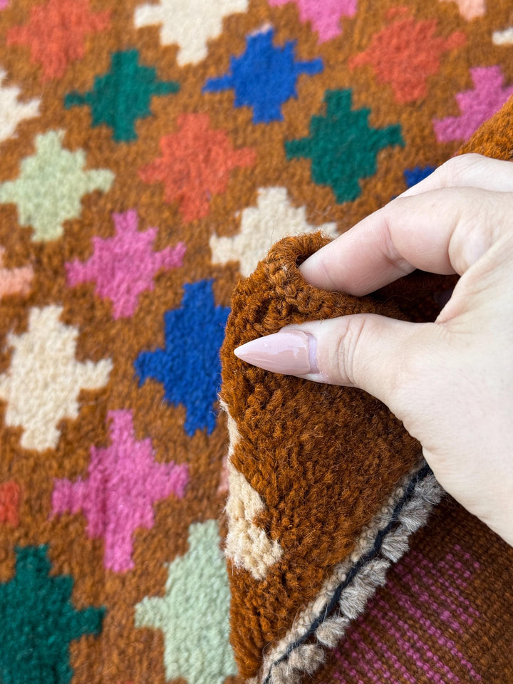4x6 Handmade Vintage Afghan Baluch Rug | Chocolate Brown Navy Blue Rose Salmon Pink Burnt Orange Mint Forest Green Cream | Wool Flatwoven