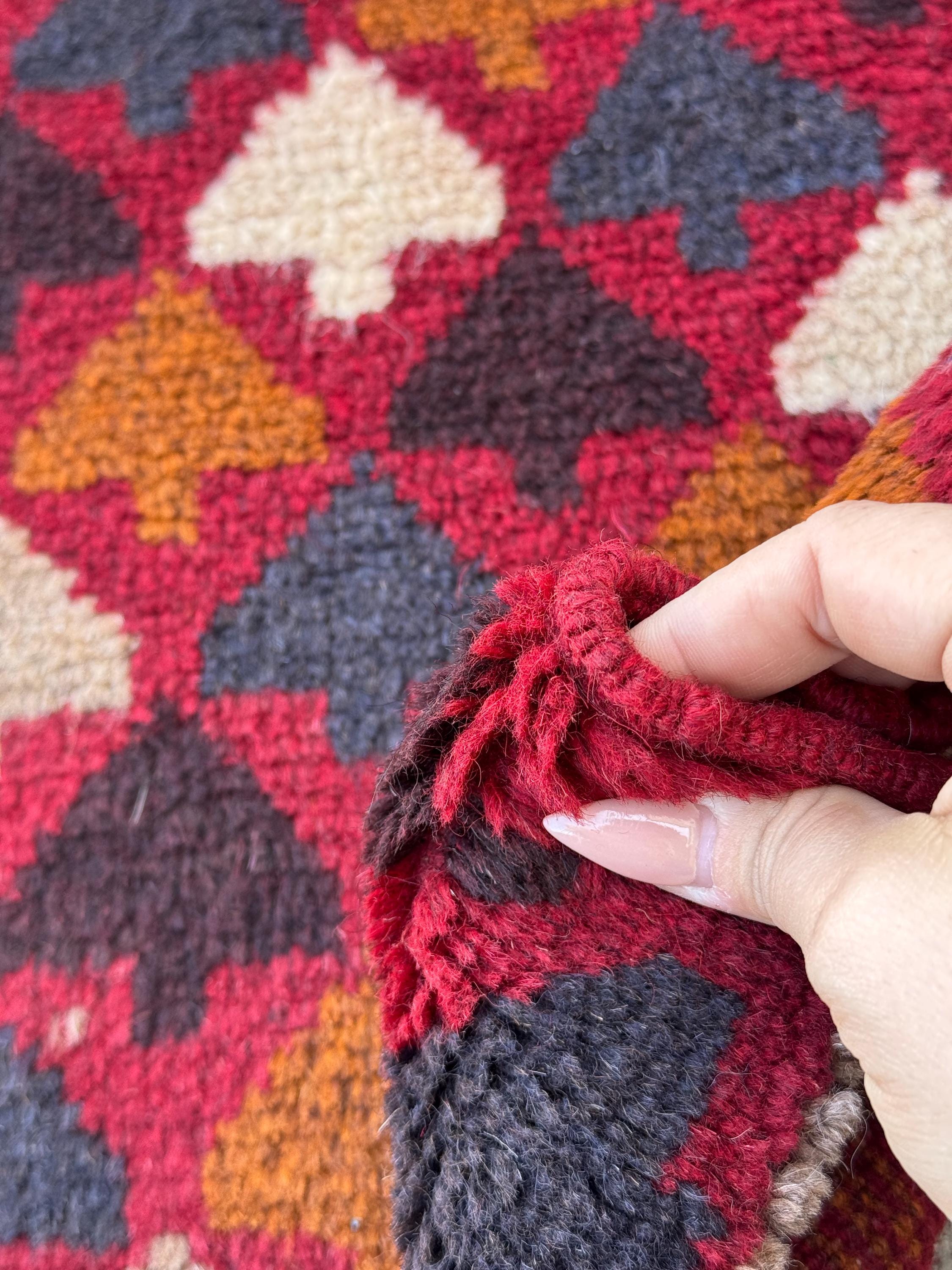 4x6 Handmade Vintage Afghan Baluch Rug | Brick Red Burnt Orange Copper Brown Black White Midnight Blue Light Grey | Wool Flatwoven