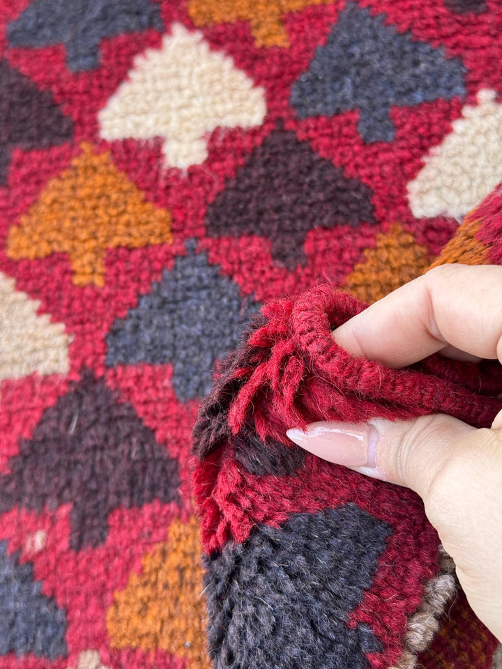 4x6 Handmade Vintage Afghan Baluch Rug | Brick Red Burnt Orange Copper Brown Black White Midnight Blue Light Grey | Wool Flatwoven