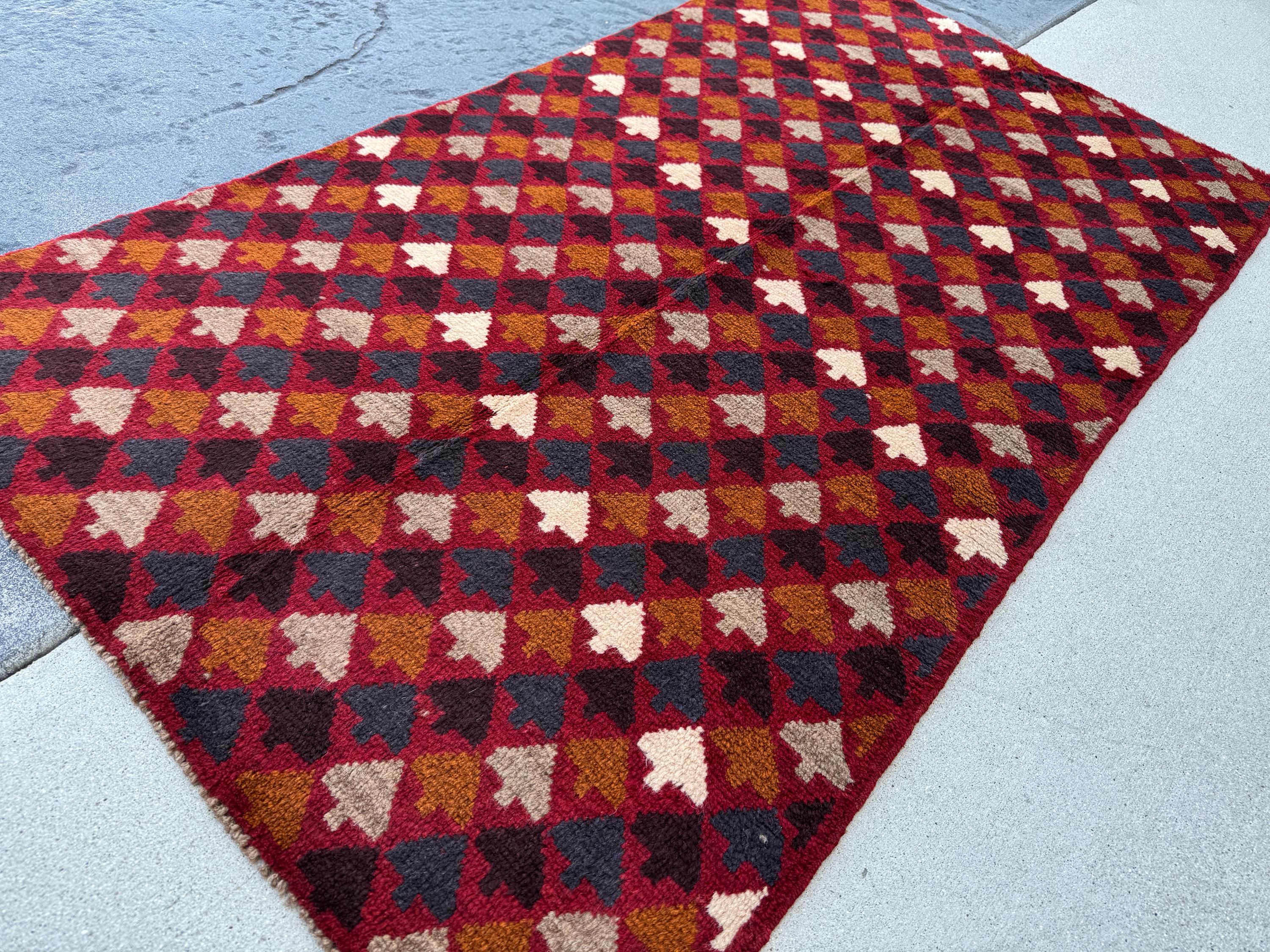 4x6 Handmade Vintage Afghan Baluch Rug | Brick Red Burnt Orange Copper Brown Black White Midnight Blue Light Grey | Wool Flatwoven