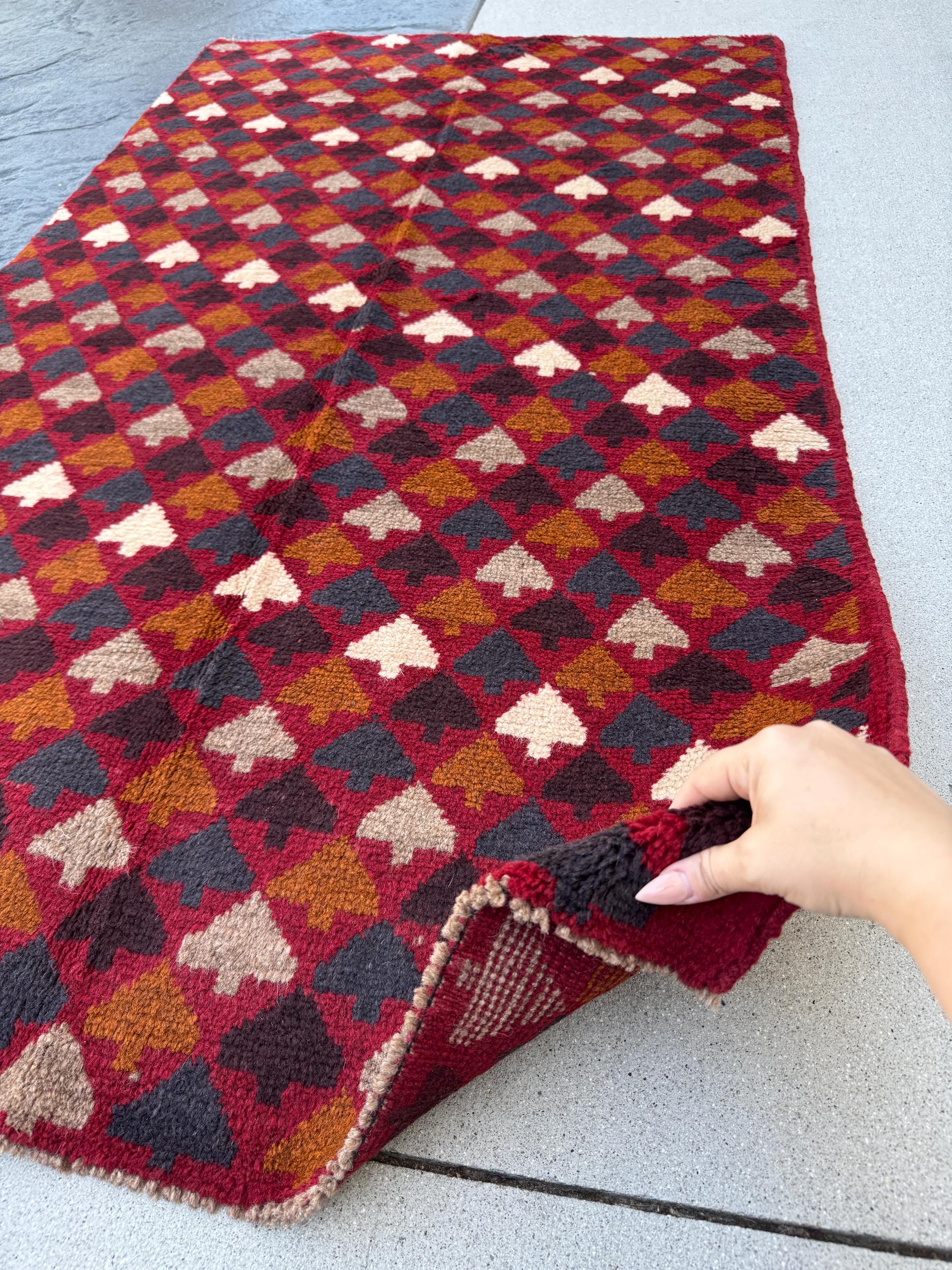 4x6 Handmade Vintage Afghan Baluch Rug | Brick Red Burnt Orange Copper Brown Black White Midnight Blue Light Grey | Wool Flatwoven
